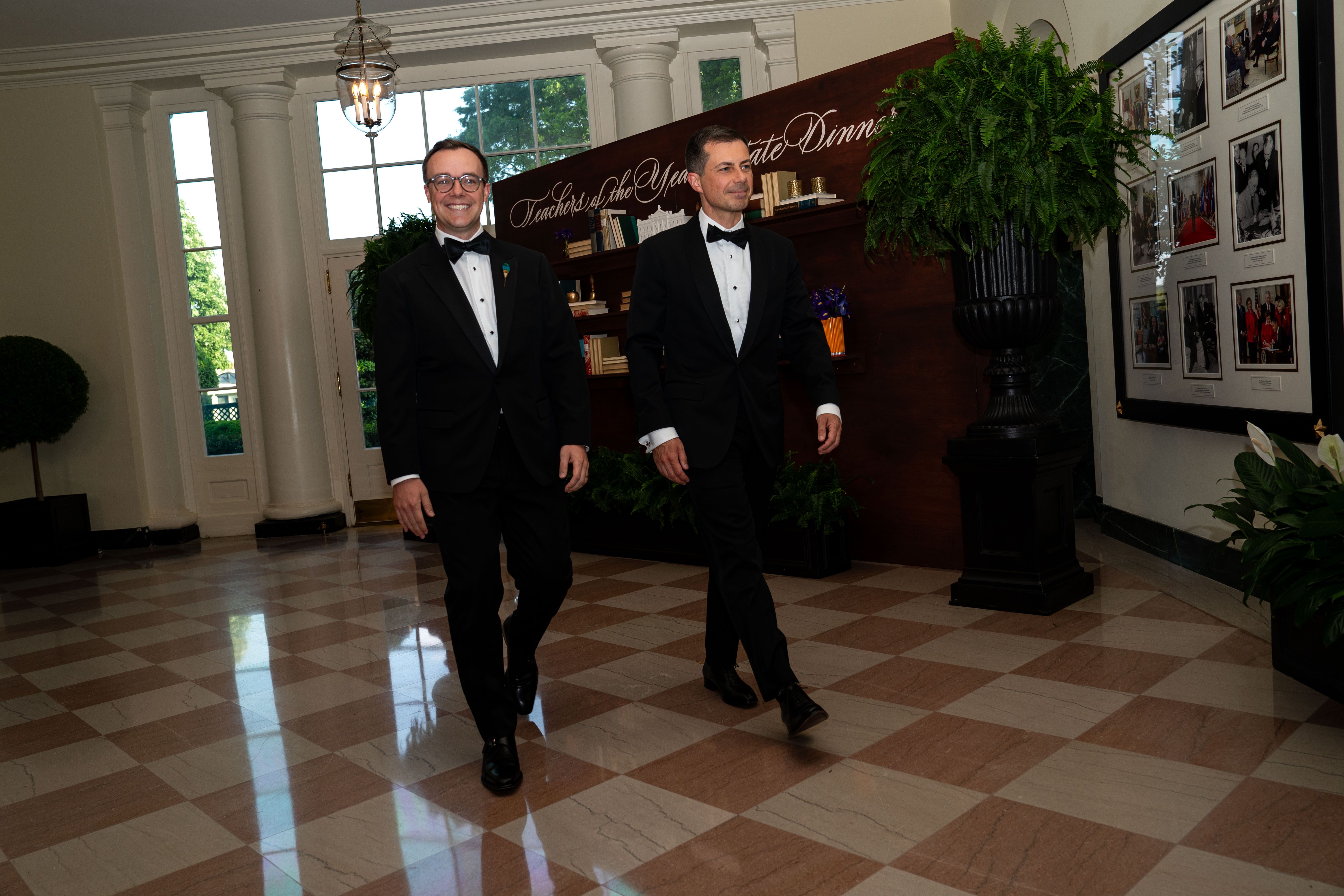 *  Secretary of Transportation Pete Buttigieg (R) and his husband Chasten Buttigieg arrive for the "Teachers of the Year" State Dinner at the White House on May 2, 2024 in Washington, DC. 