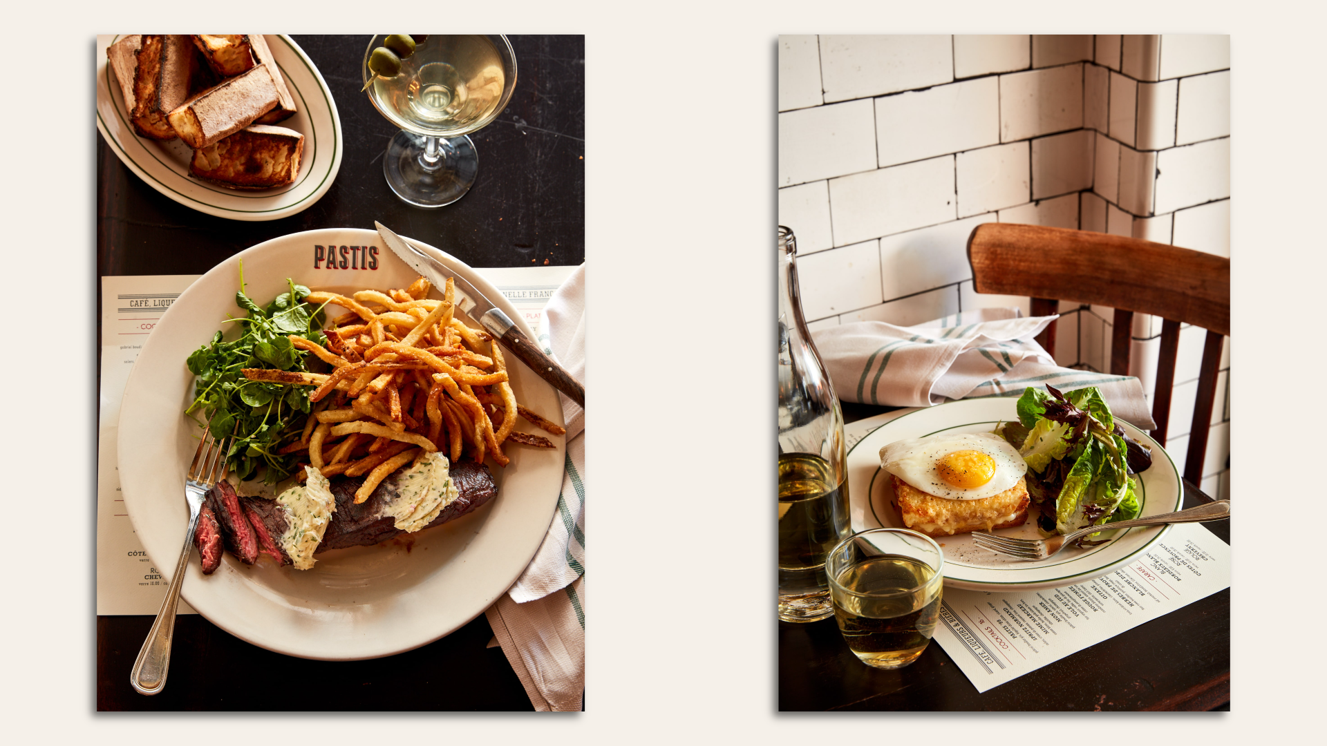 Pastis steak frites (left) and a croque madame