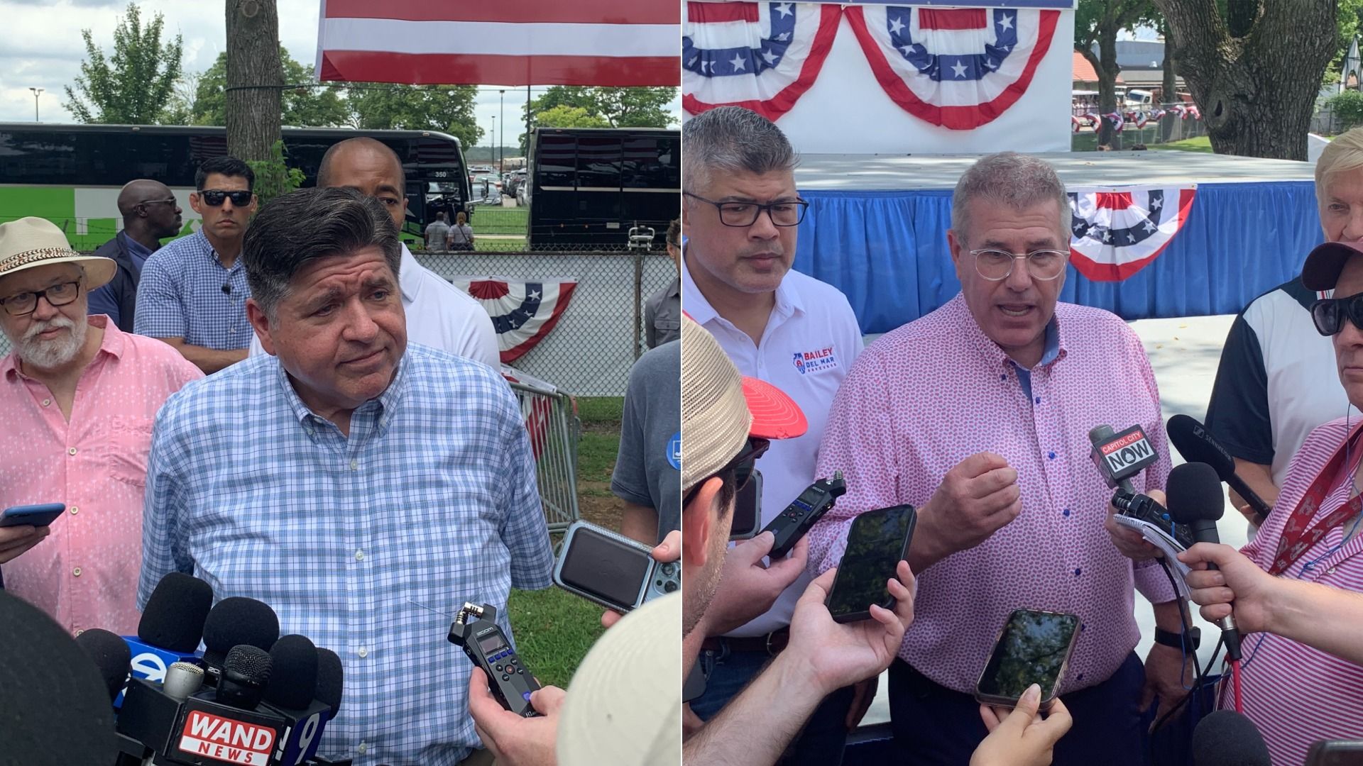 Two-panel press scene: left, a man in a blue check shirt speaks to reporters with multiple microphones; pink-shirted bystander and buses behind, with red, white, and blue bunting. Right, a man in a pink shirt addresses media under patriotic decor.