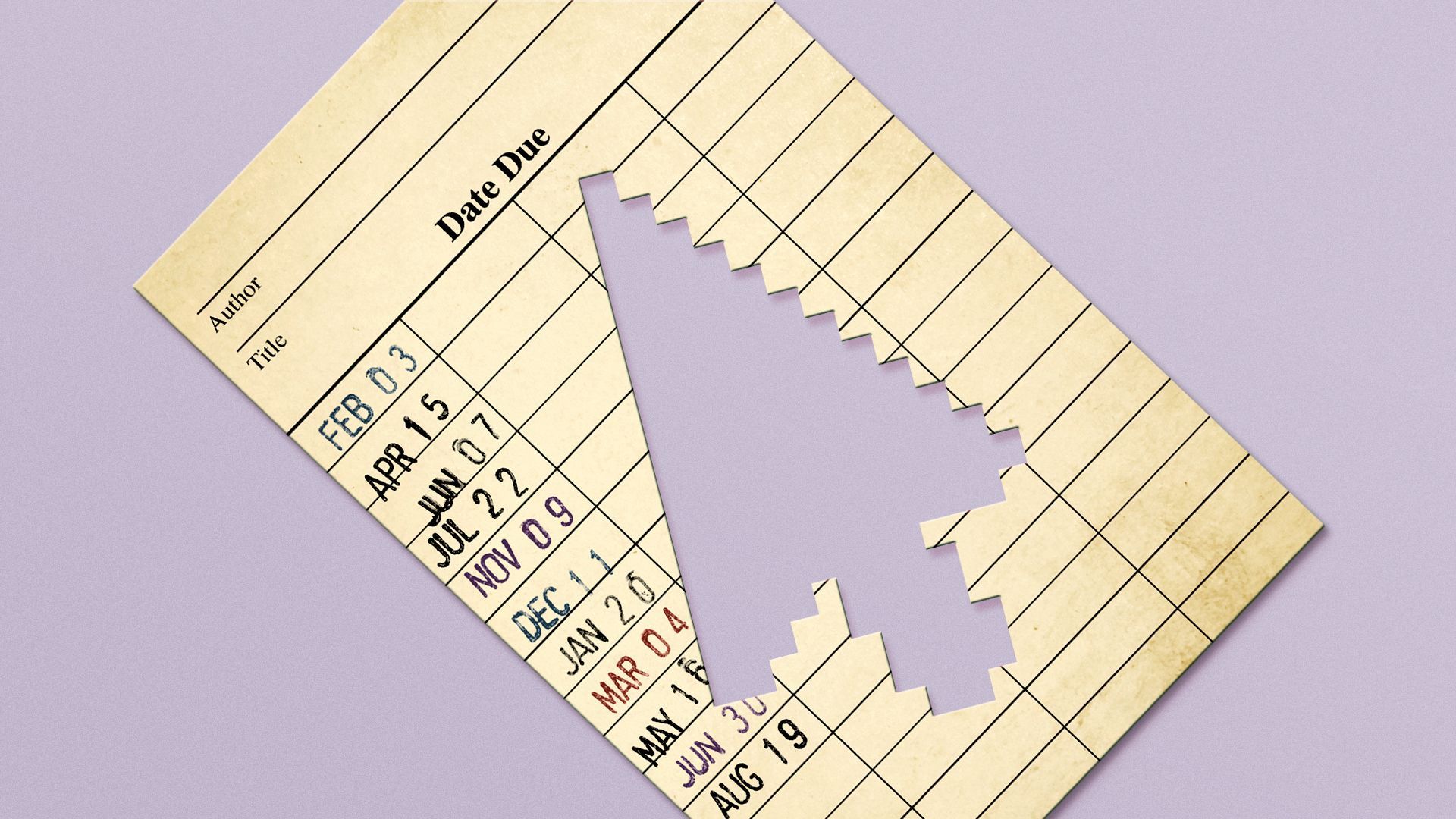 Illustration of a library card with a cutout of a cursor arrow in the middle.