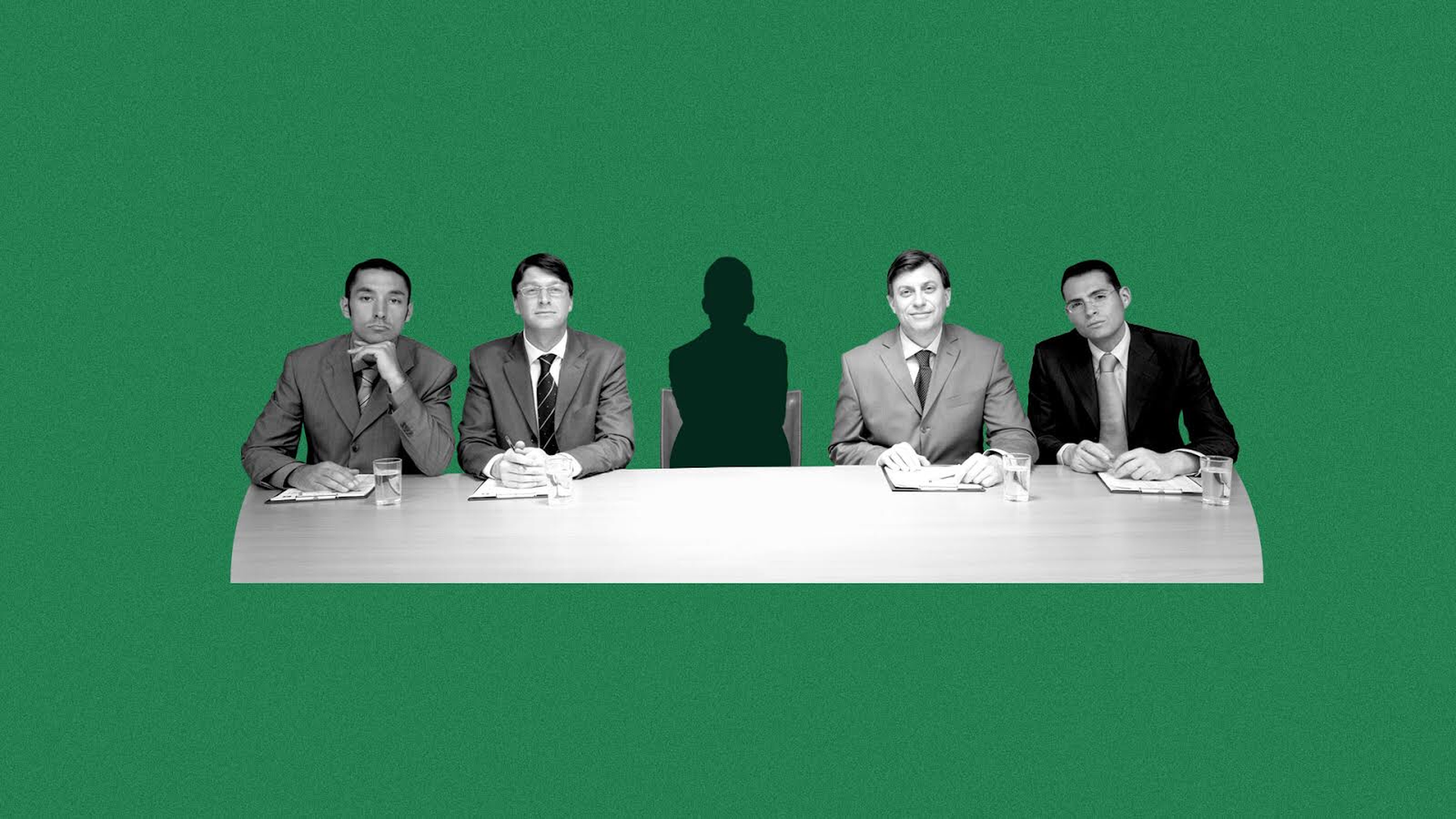 Illustration of conference table with men. In the middle is a silhouette of a woman.