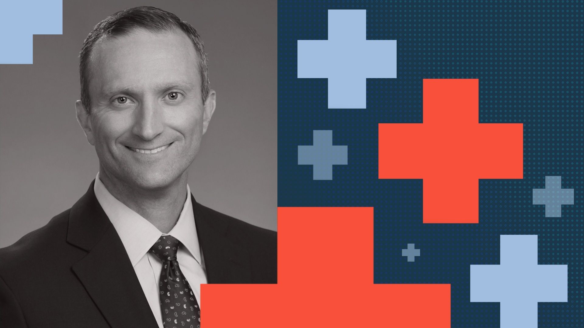 illustration of ian lane from harbourvest Partners surrounded by health pluses