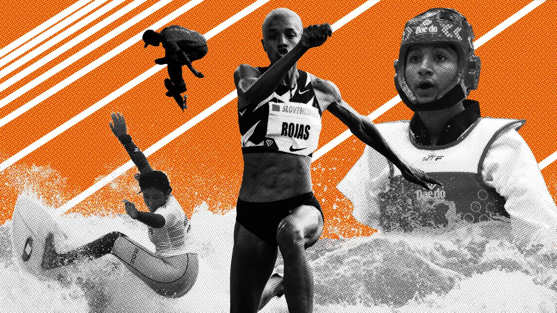 Photo illustration of Peruvian surfer Daniela Rosas, Puerto Rican skateboarder Manny Santiago, Venezuelan triple jumper Yulimar Rojas and Mexican Para-Taekwondo athlete Juan Diego García Lopez. 