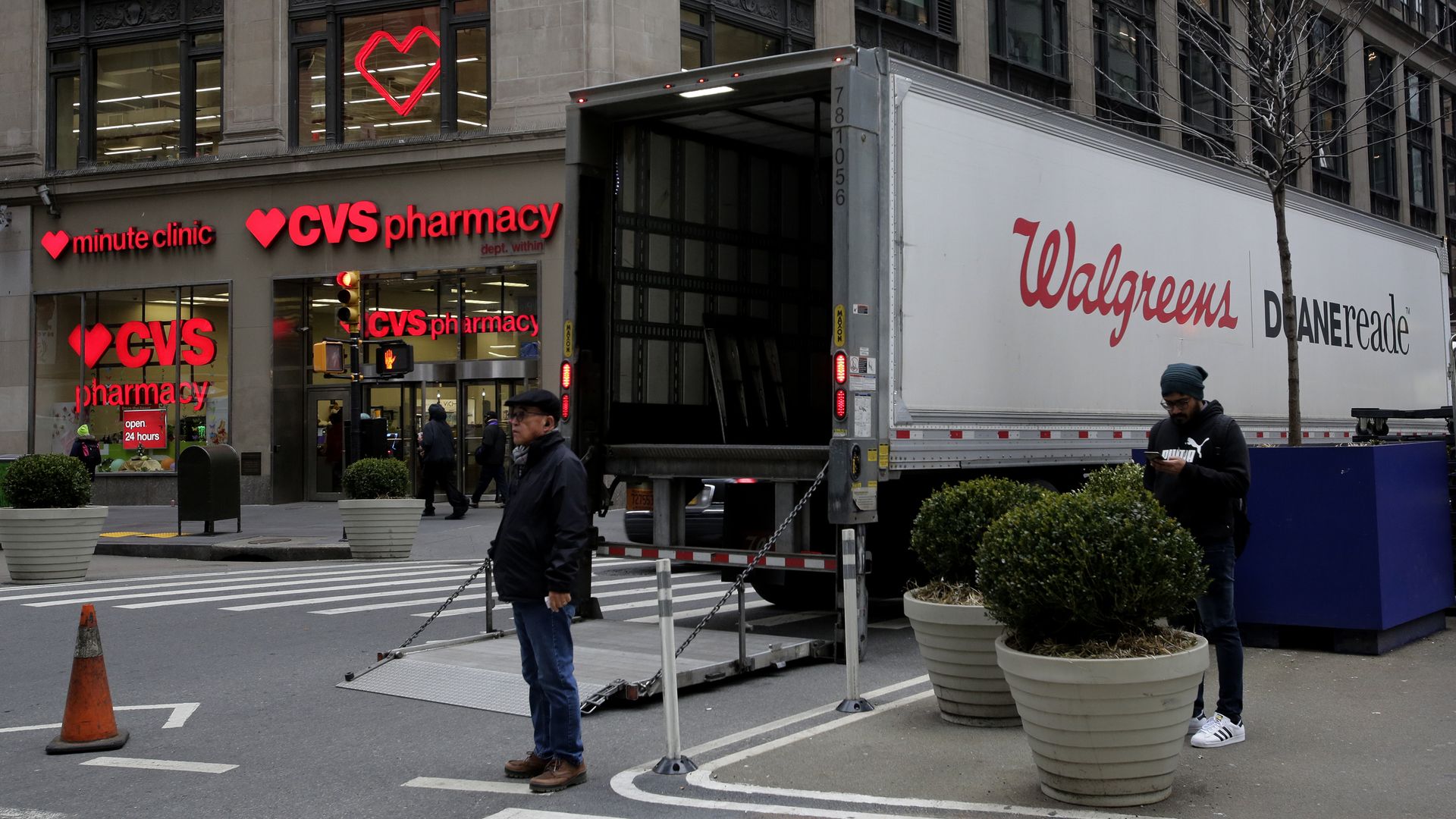 A Walgreens truck parks near a CVS Pharmacy on March 10, 2023 in New York City. New York Governor Kathy Hochul and state Attorney General Letitia James called on the biggest pharmacy chains to commit to making abortion pills available in the state. (Photo by Leonardo Munoz/VIEWpress)