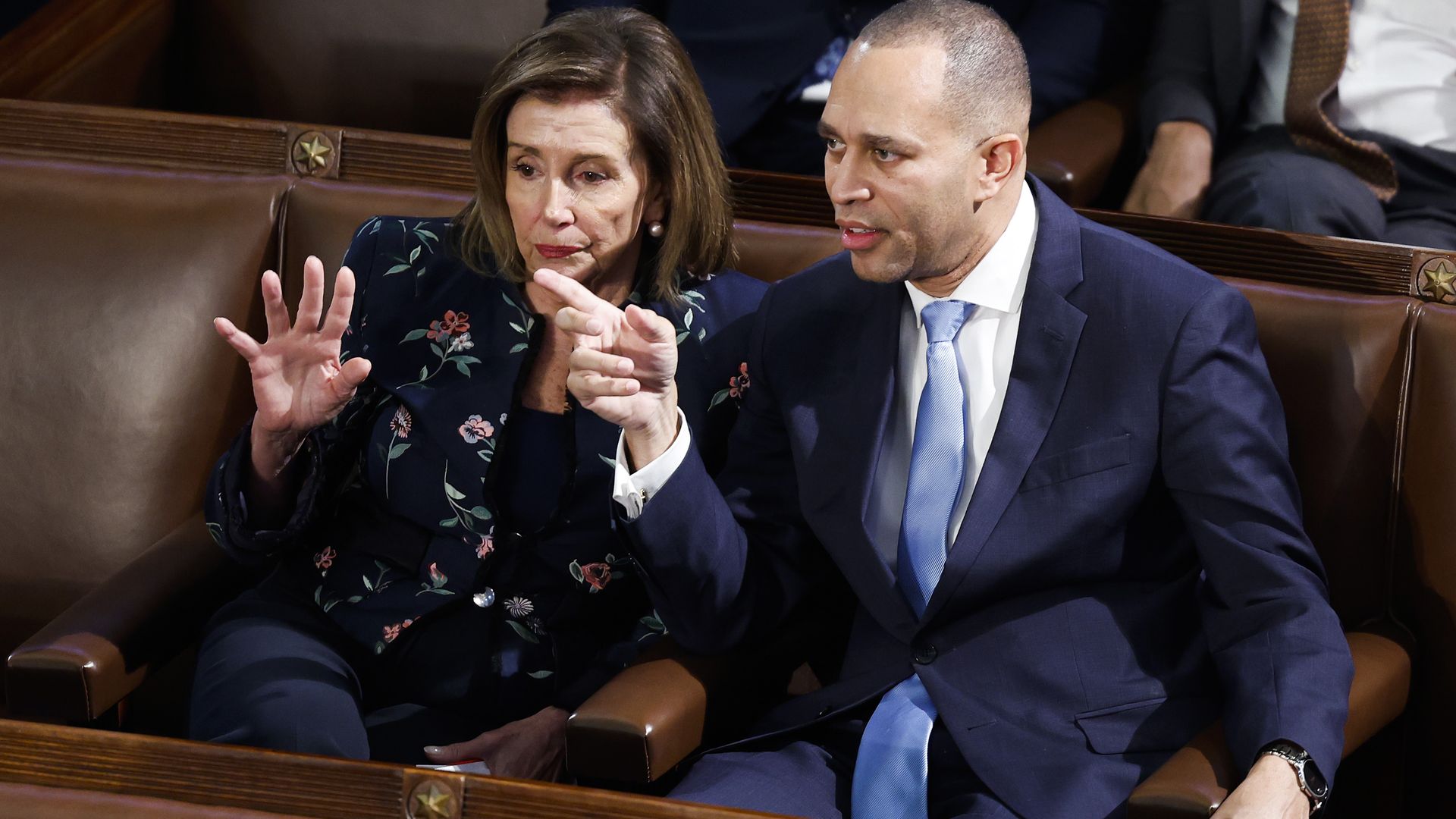 Reps. Hakeem Jeffries (D-NY) and Rep. Nancy Pelosi (D-Calif.) speaking in Congress in January 2023.