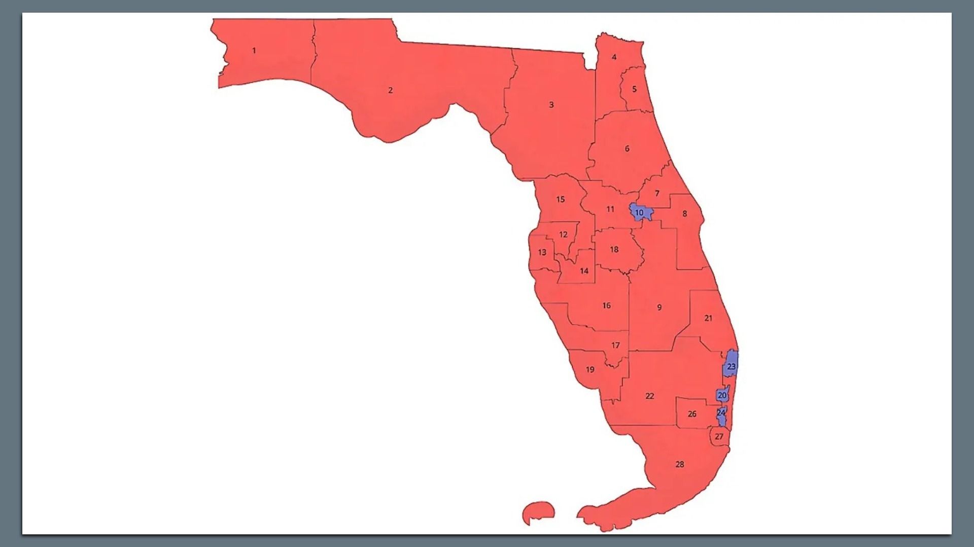 Map of Florida with counties outlined in black, mostly shaded red and a few blue-highlighted counties; numbers label each county on a white background.