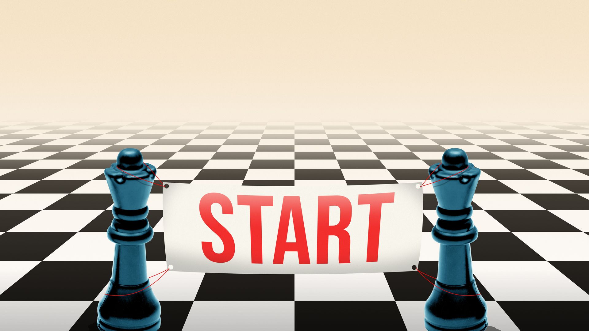 Illustration of a chess board featuring two chess pieces with a start sign between them