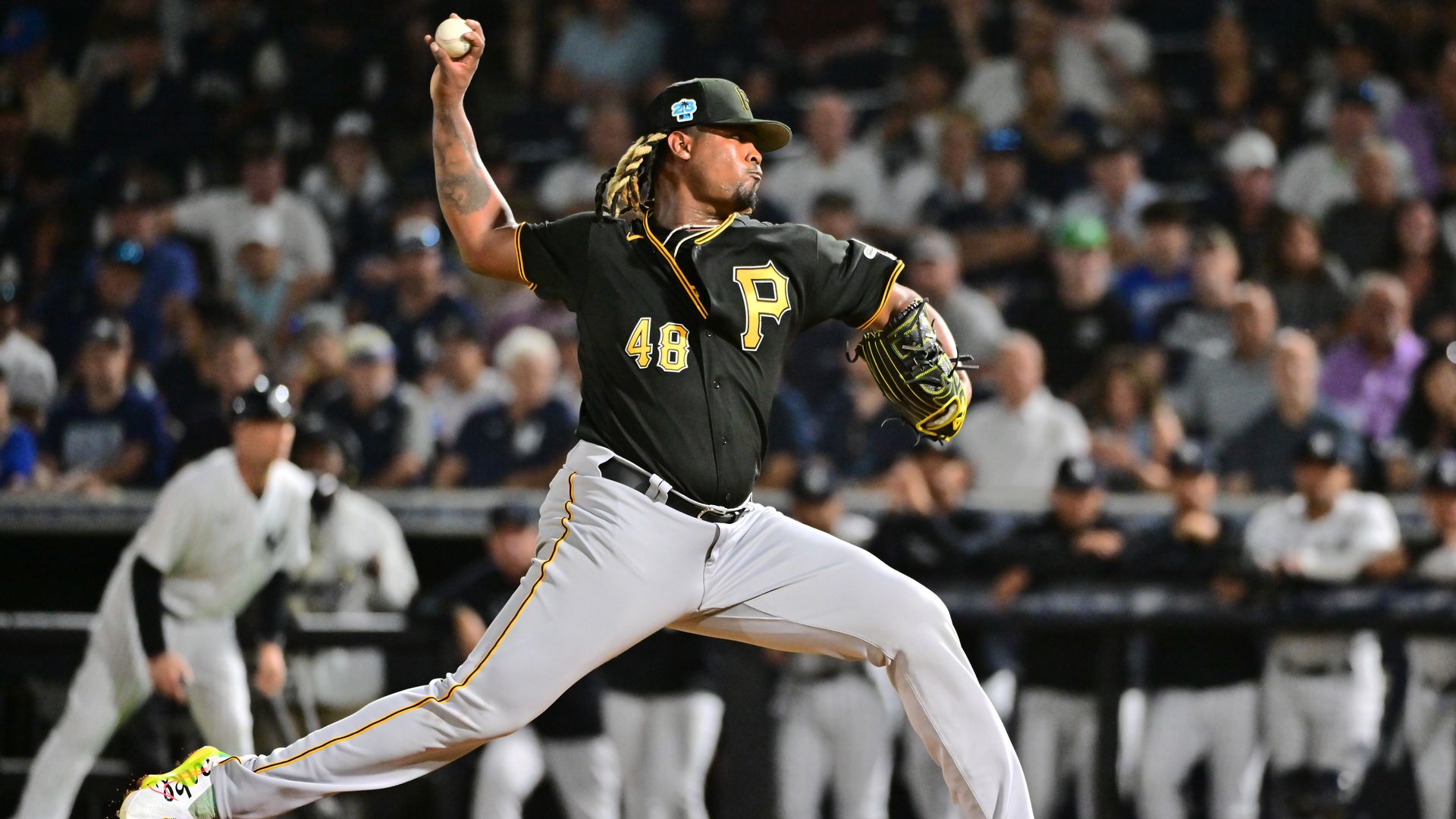 A photo of Luis Ortiz throwing a pitch for the Pittsburgh Pirates during a March spring training game in Tampa, Florida.