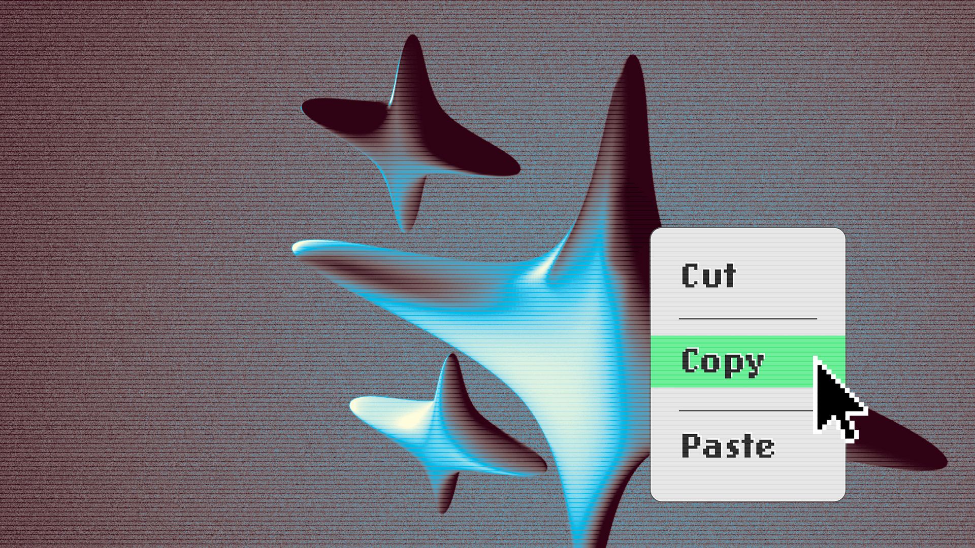 Illustration of a 3D sparkle emoji with a computer menu over it, and the cursor hovering over the "Copy" option.