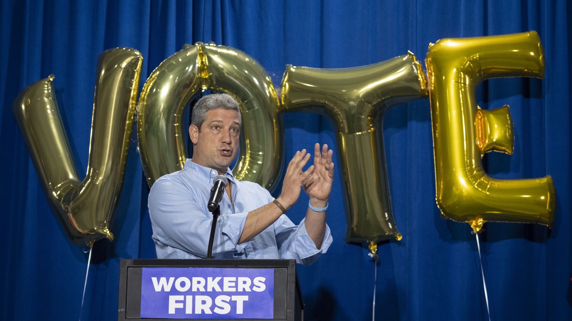 : Democratic candidate for U.S. Senate Rep. Tim Ryan (D-OH) during a Souls to the Polls rally at Mount Hermon Baptist Church on November 5, 2022 in Columbus, Ohio