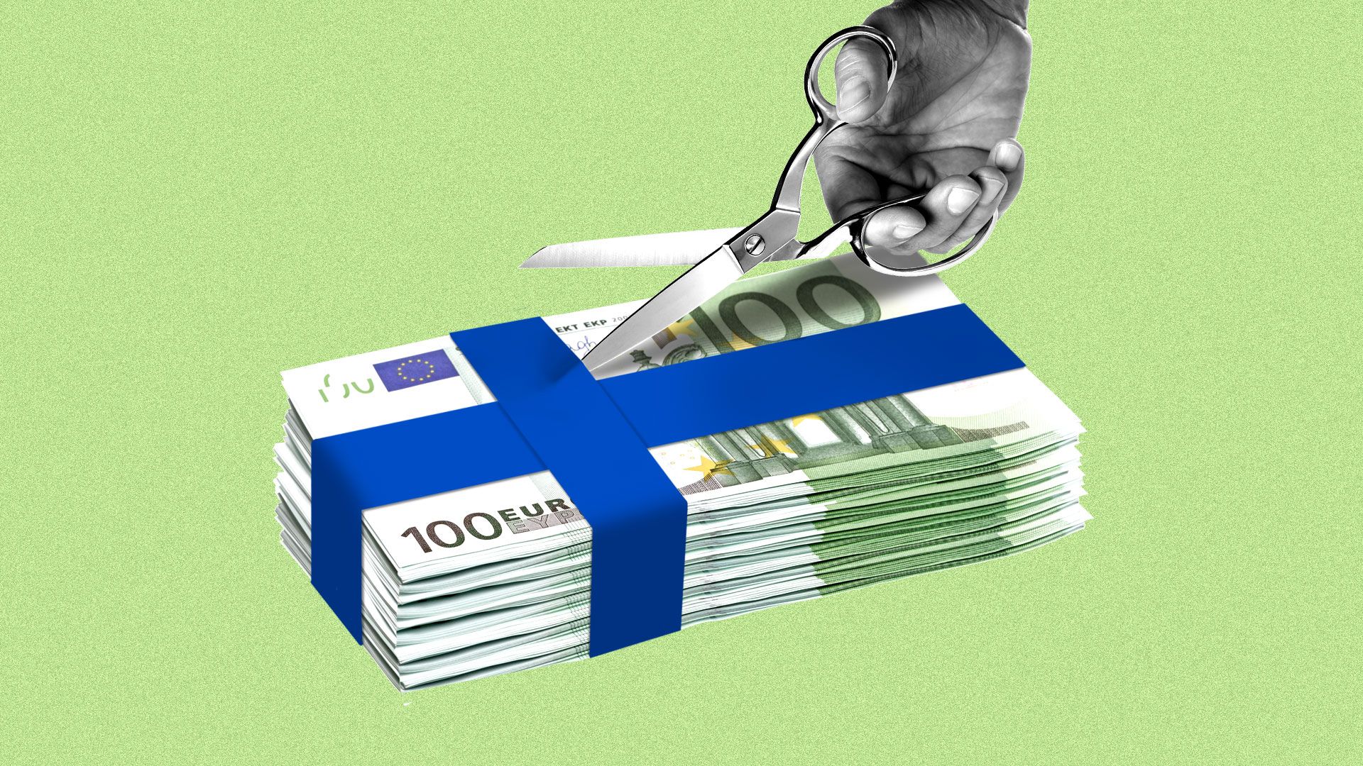 a hand with scissors cutting a money ribbon in the shape of a Finnish flag