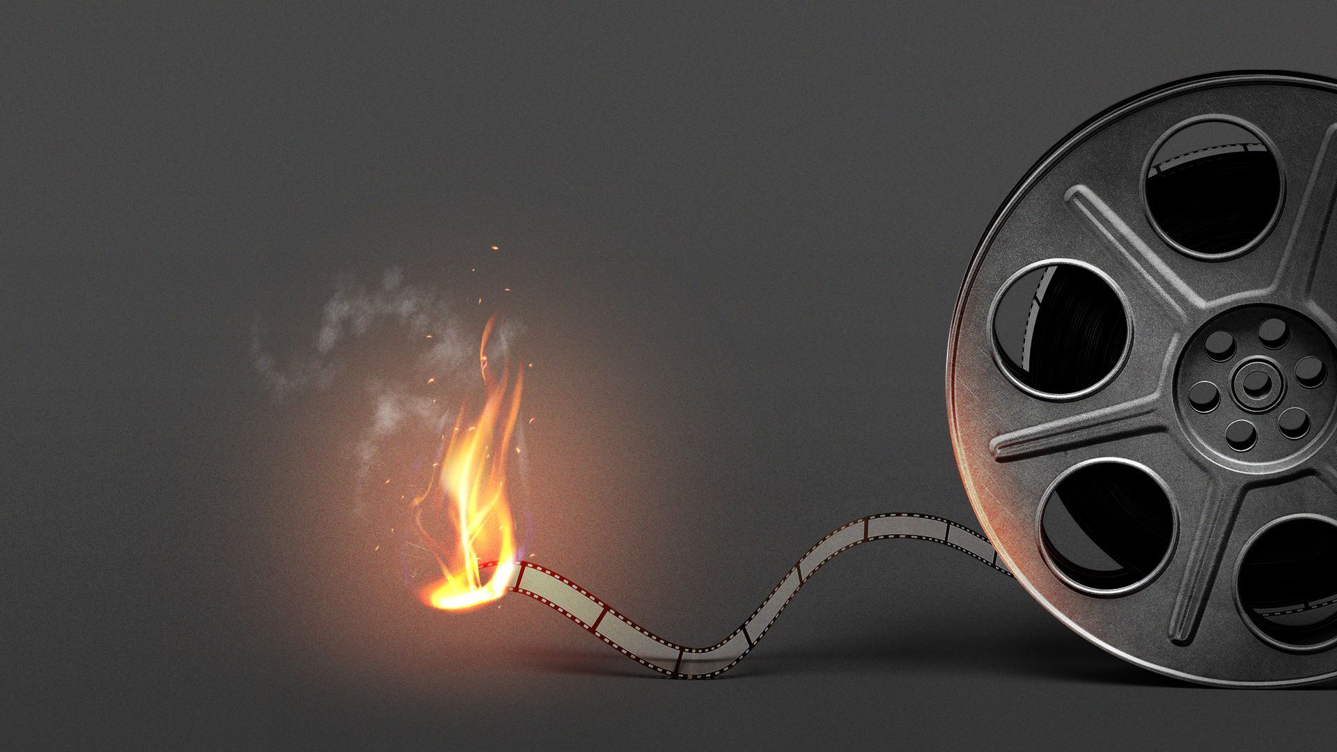 Illustration of a reel of film unwinding and lit on fire like a fuse. 