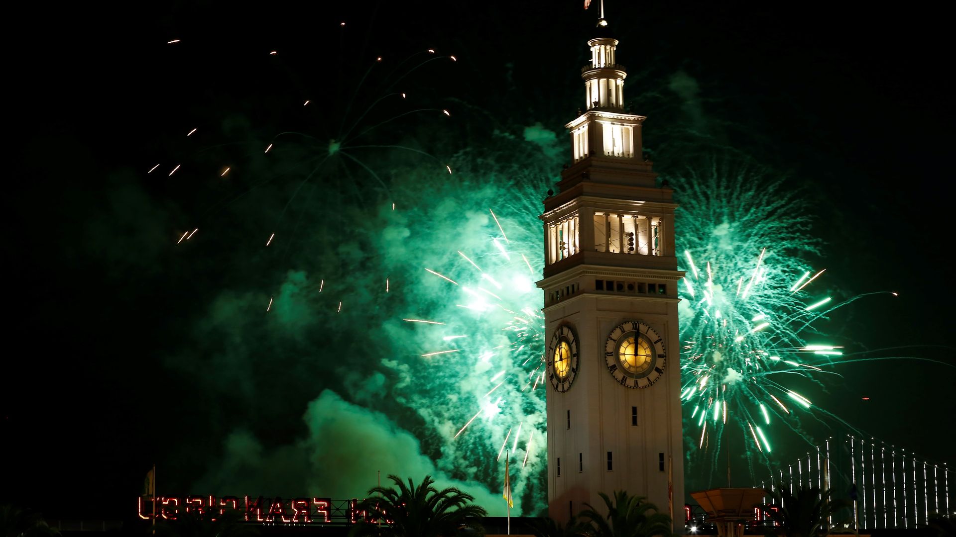 Fireworks behind the Ferry Building