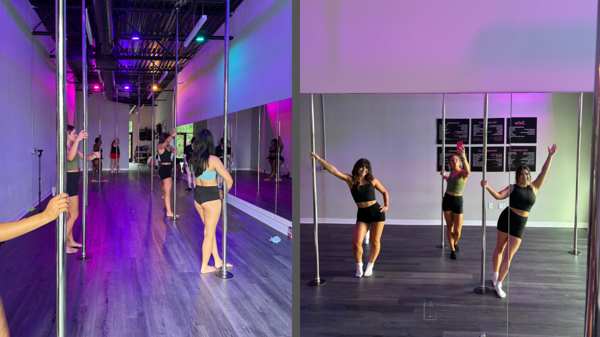 Women in athletic wear practicing pole dancing in a studio with purple and blue lighting, wooden floors, mirrors on one wall, and several chrome poles.