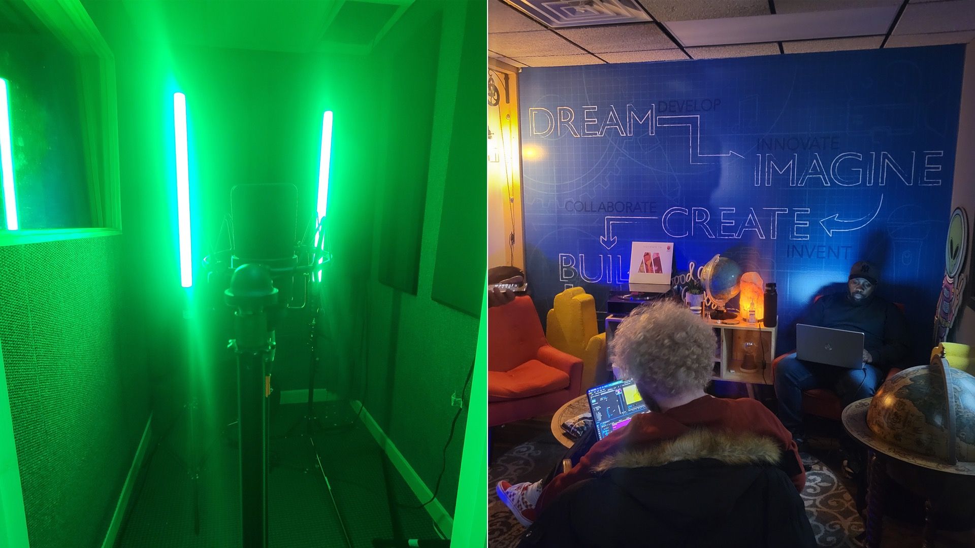 Left to right: Green-lit recording studio with microphone and chair; King Creative employees Corbyn Harris and Isaiah Harmon, back right, working on laptops inside the production company's Delaware headquarters.