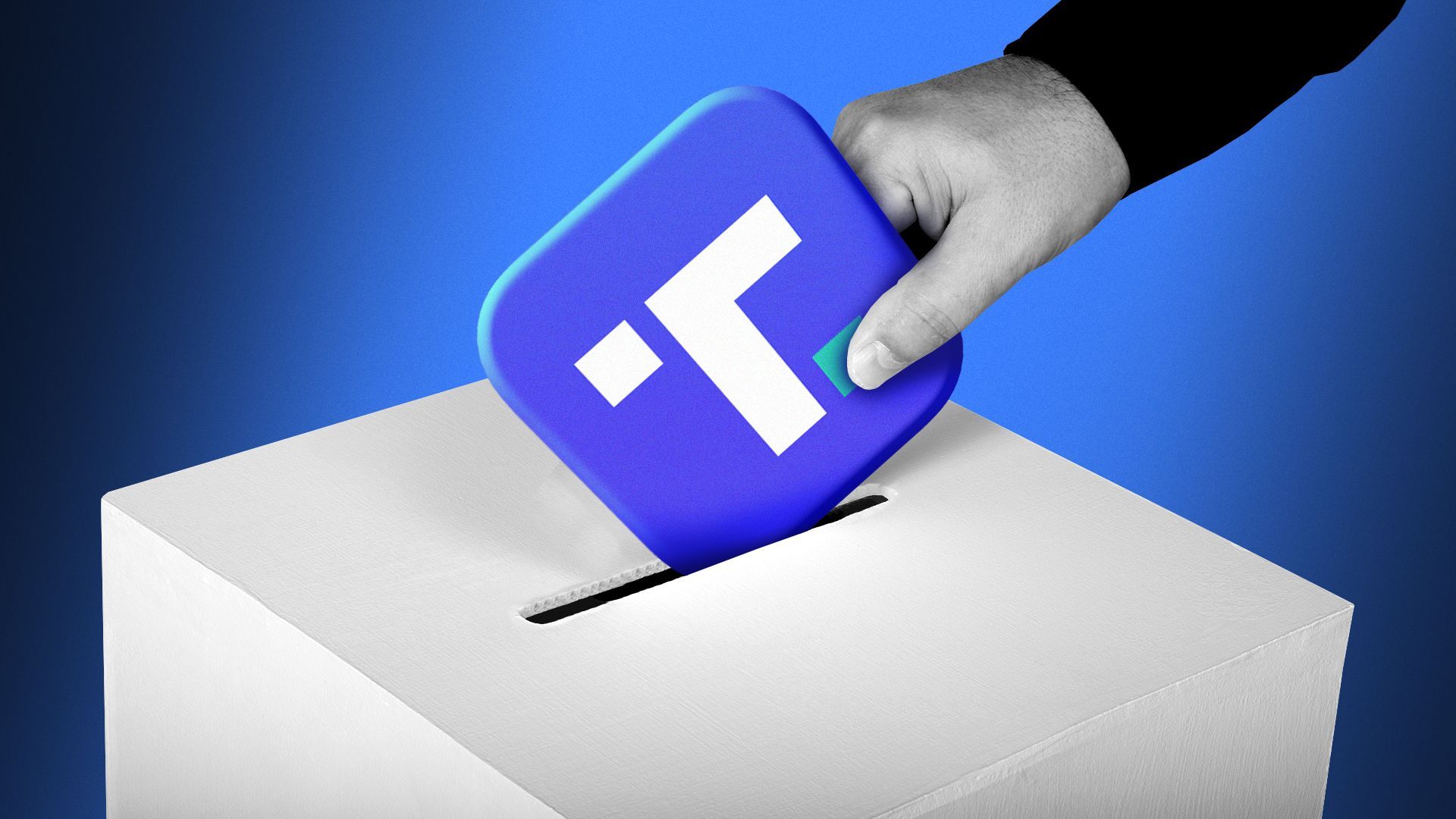 Illustration of a hand placing the Truth social app icon in a ballot box.