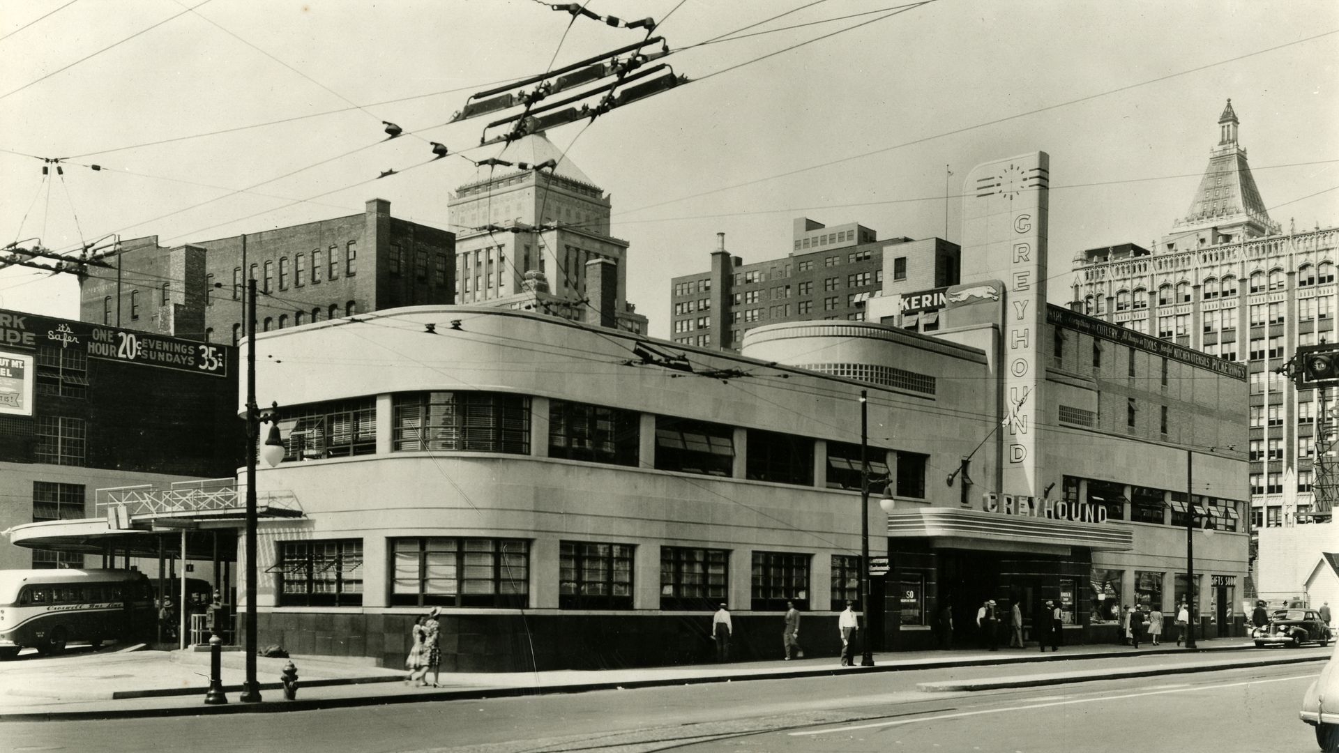 A historic black and white photo of Cincinnati's Greyhound station