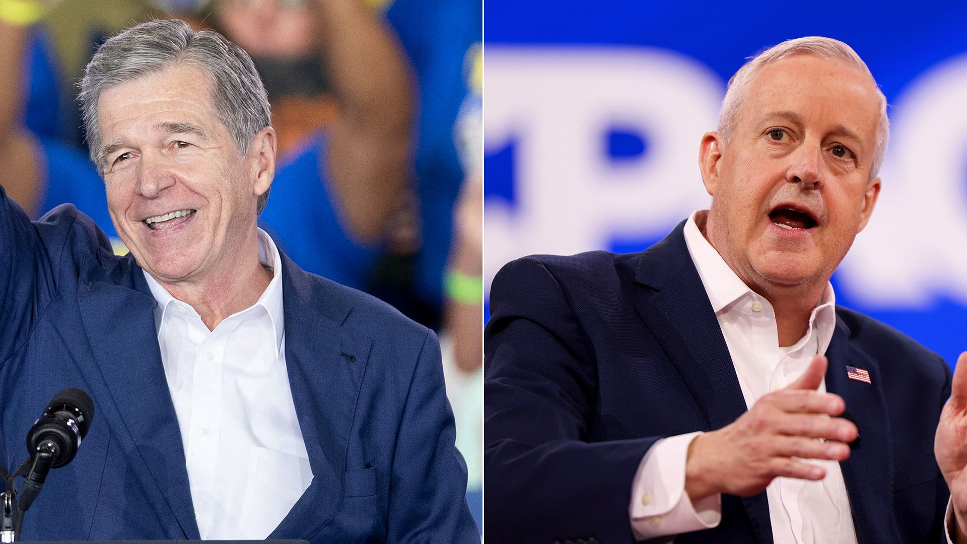 Former North Carolina Gov. Roy Cooper, left, and Michael Whatley, former chair of the Republican National Committee, right.