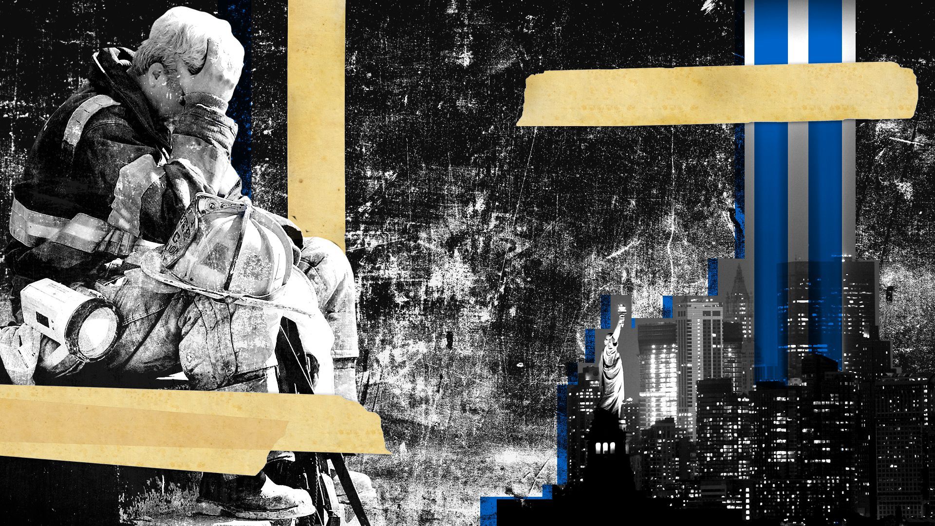 Photo illustration collage of archival photography from 9/11 and contemporary photography of the twin tower memorial lights. 