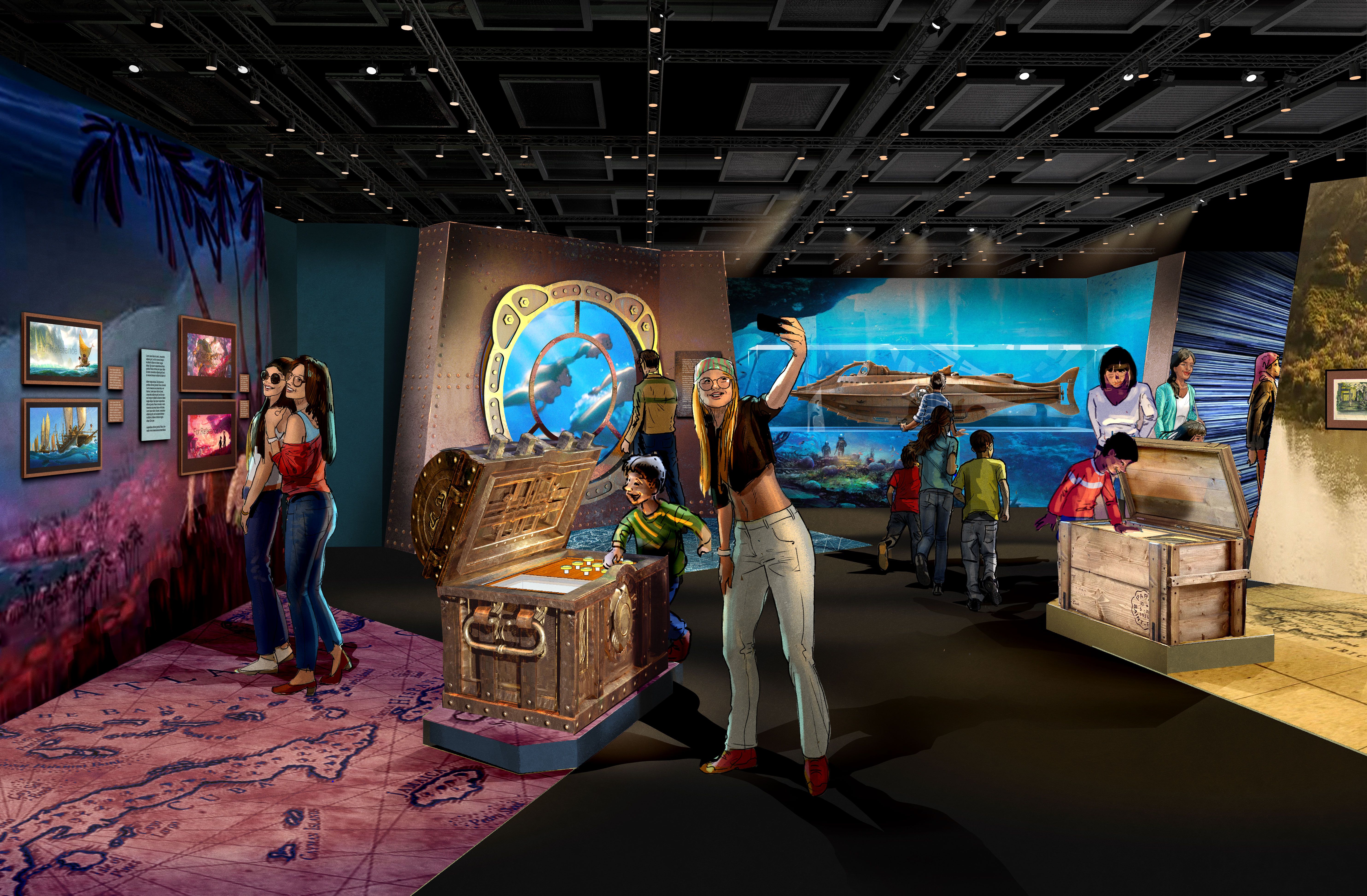 A rendering of a gallery at "Disney100: The Exhibition." 