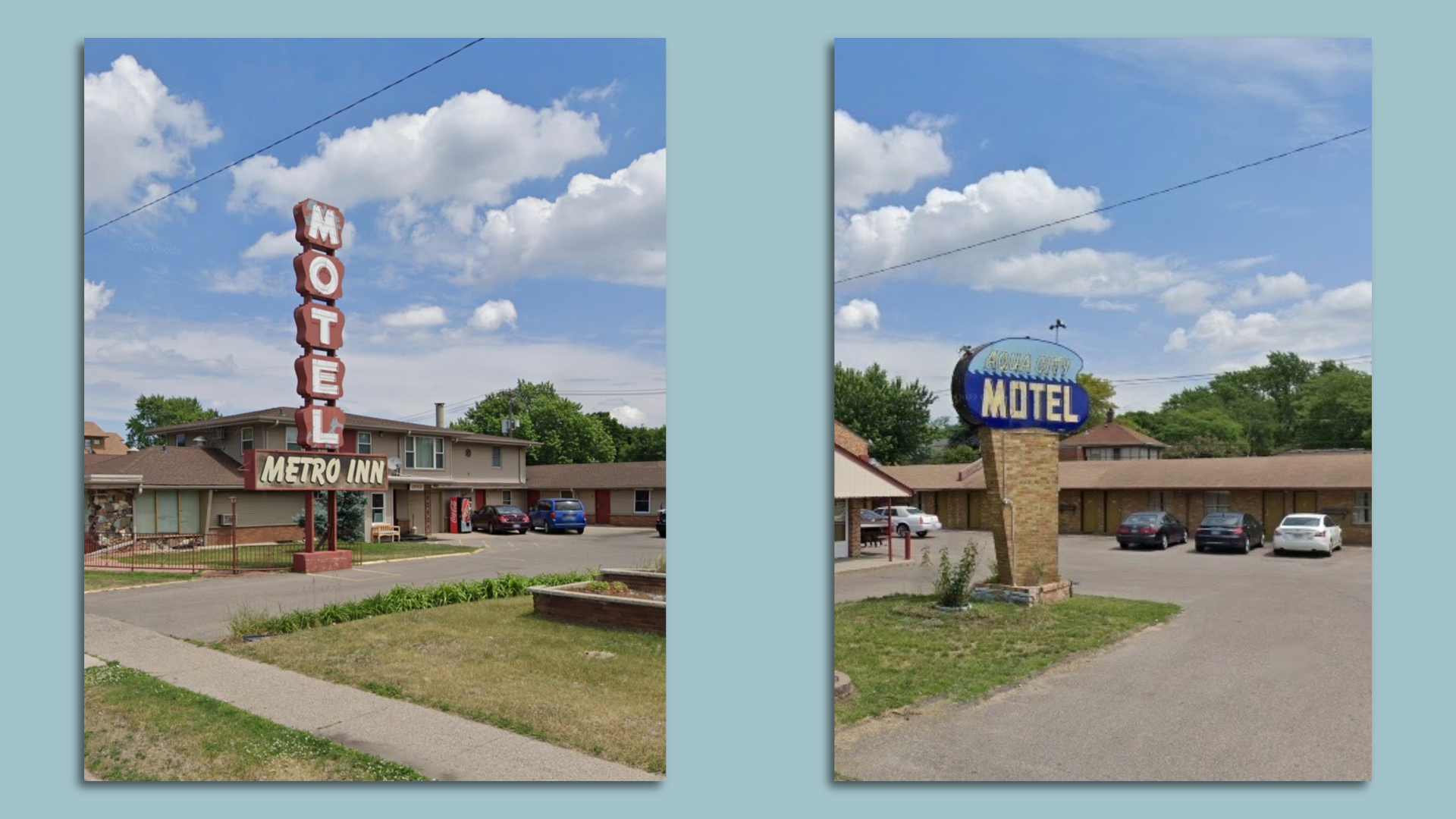 Two photos of motel signs. One is vertical and spells out the word Motel, one is horizontal and reads Aqua City Motel.