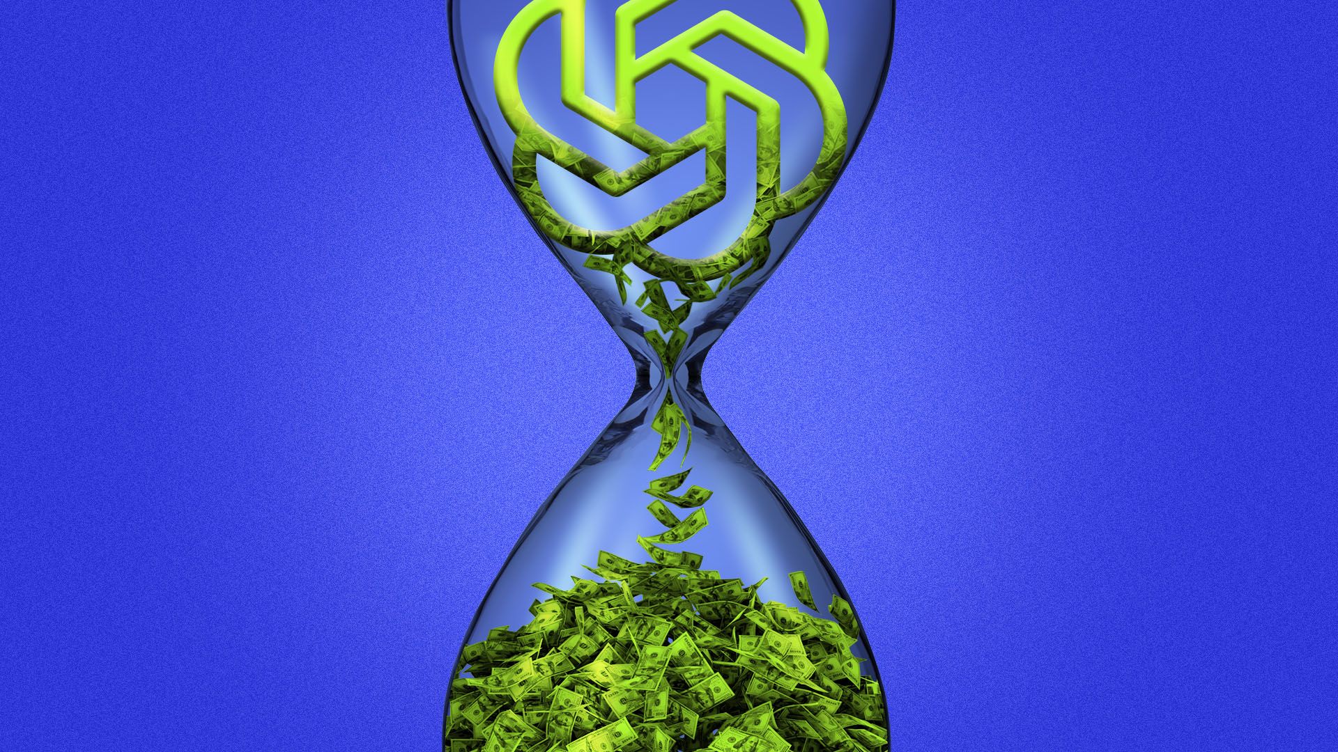 Illustration of the OpenAI logo in an hourglass turning into money falling below