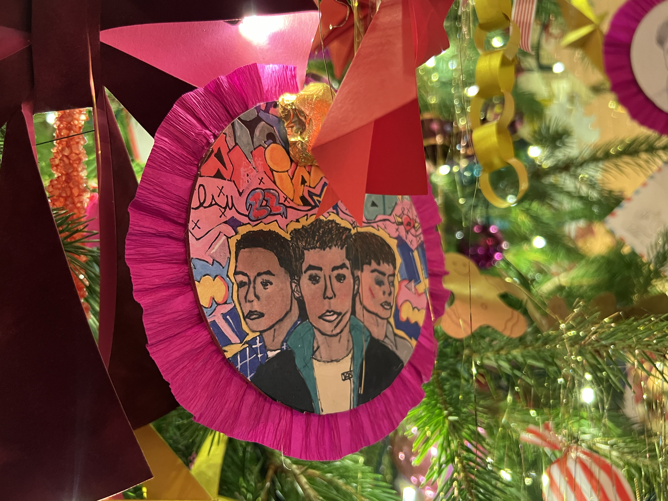 A close up of an ornament on one of the State Dining Room trees, which was decorated by a student.