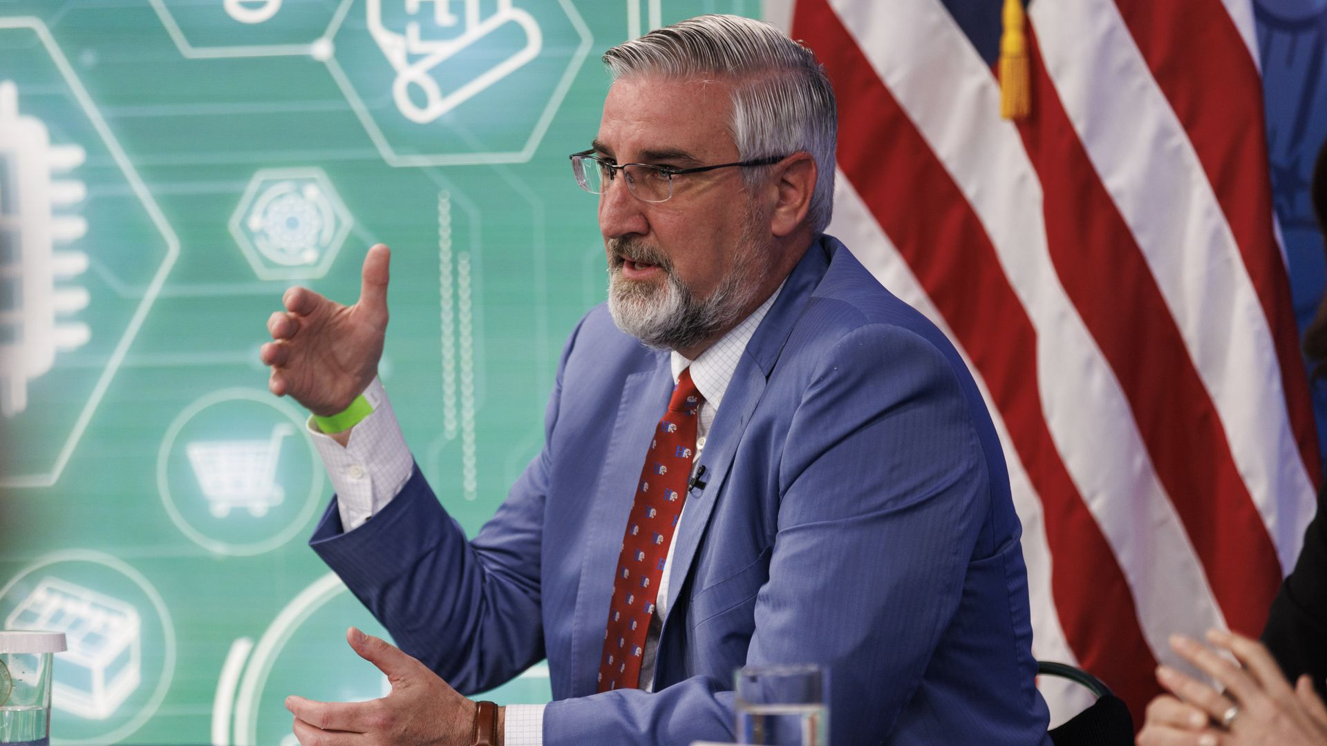 Eric Holcomb, governor of Indiana, speaks during a meeting with U.S. President Biden,  in the Eisenhower Executive Office Building in Washington, D.C., U.S., on Wednesday, March 9, 2022. 