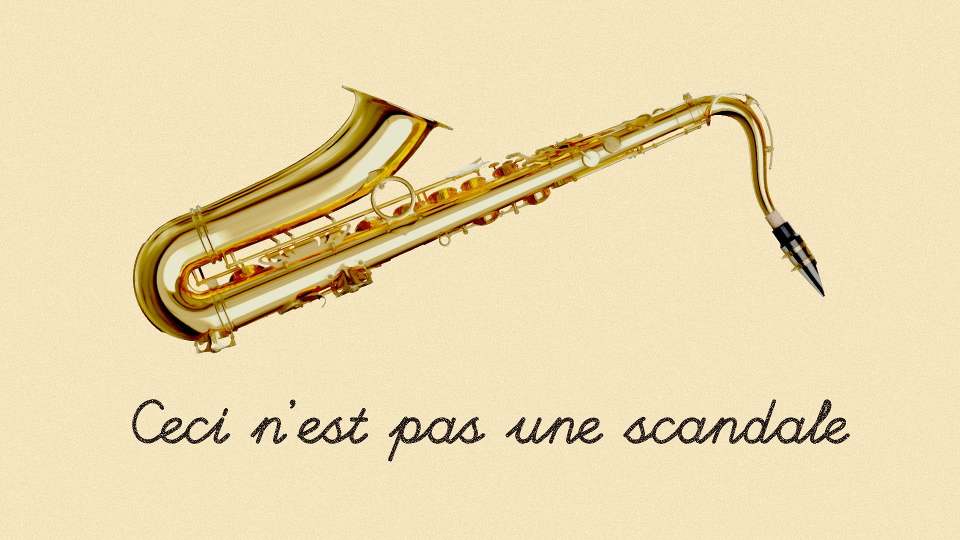 A spoof on a Rene Magritte painting showing a saxophone and reading 'Ceci n'est pas une scandale'