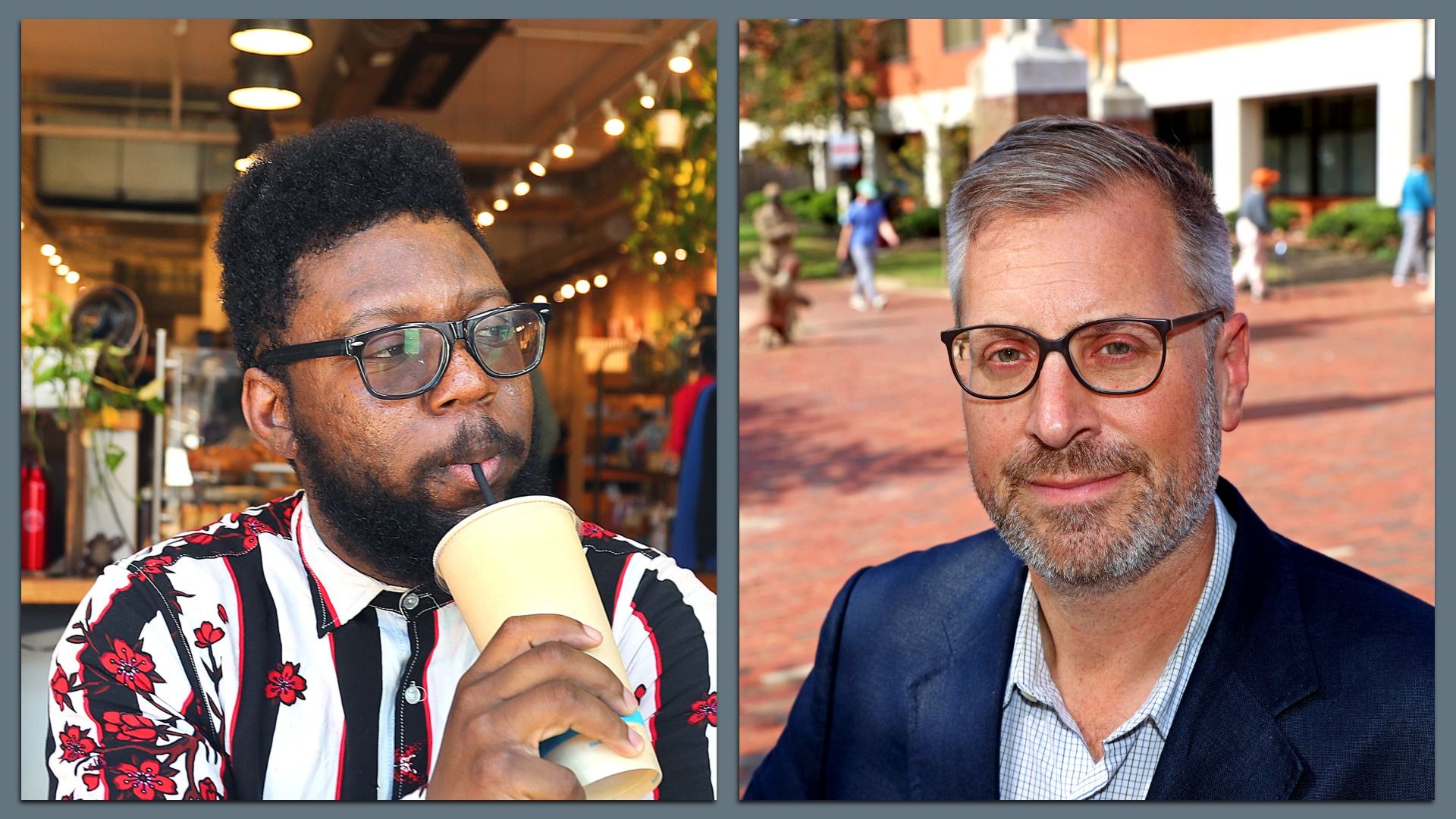 Split image: left, a man with glasses and a black and white floral shirt sips from a beige cup indoors; right, a man with glasses, gray hair, and a beard wears a navy blazer outdoors in sunlight.