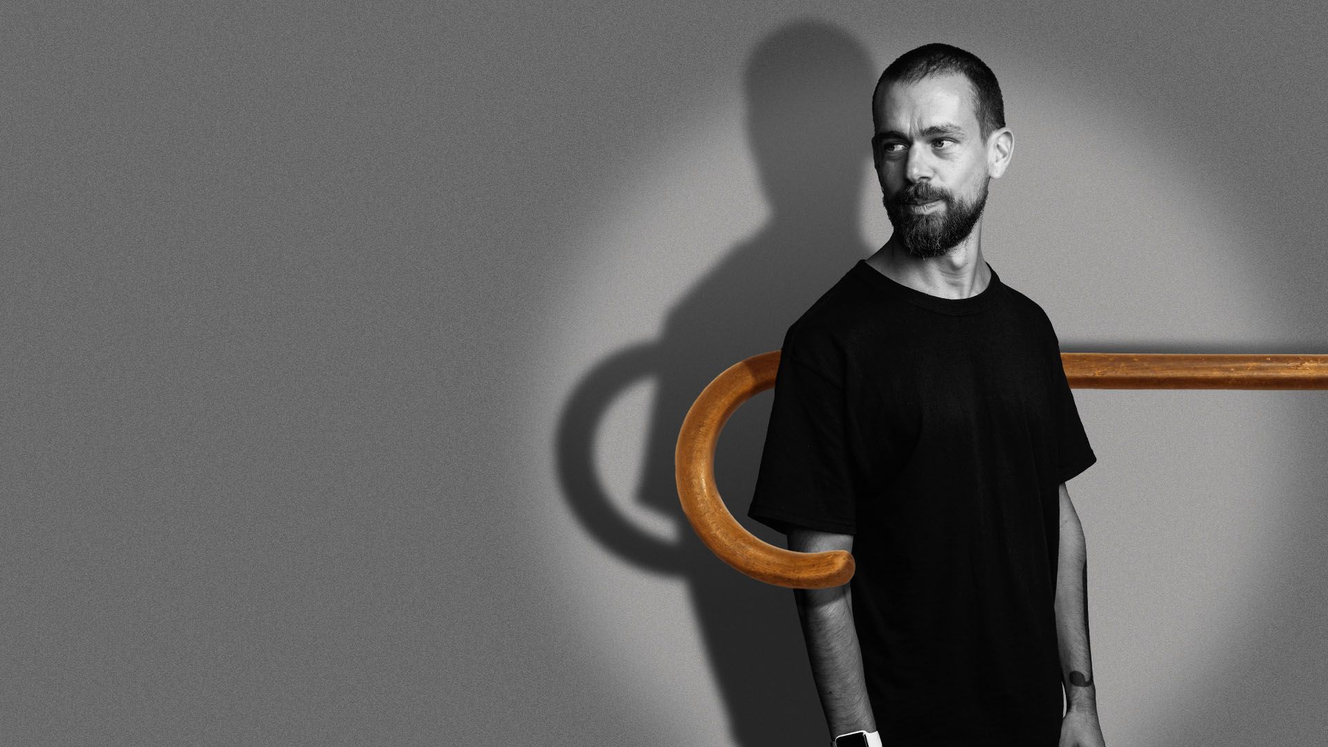 Photo illustration of Jack Dorsey about to be pulled out of frame by a big cane.