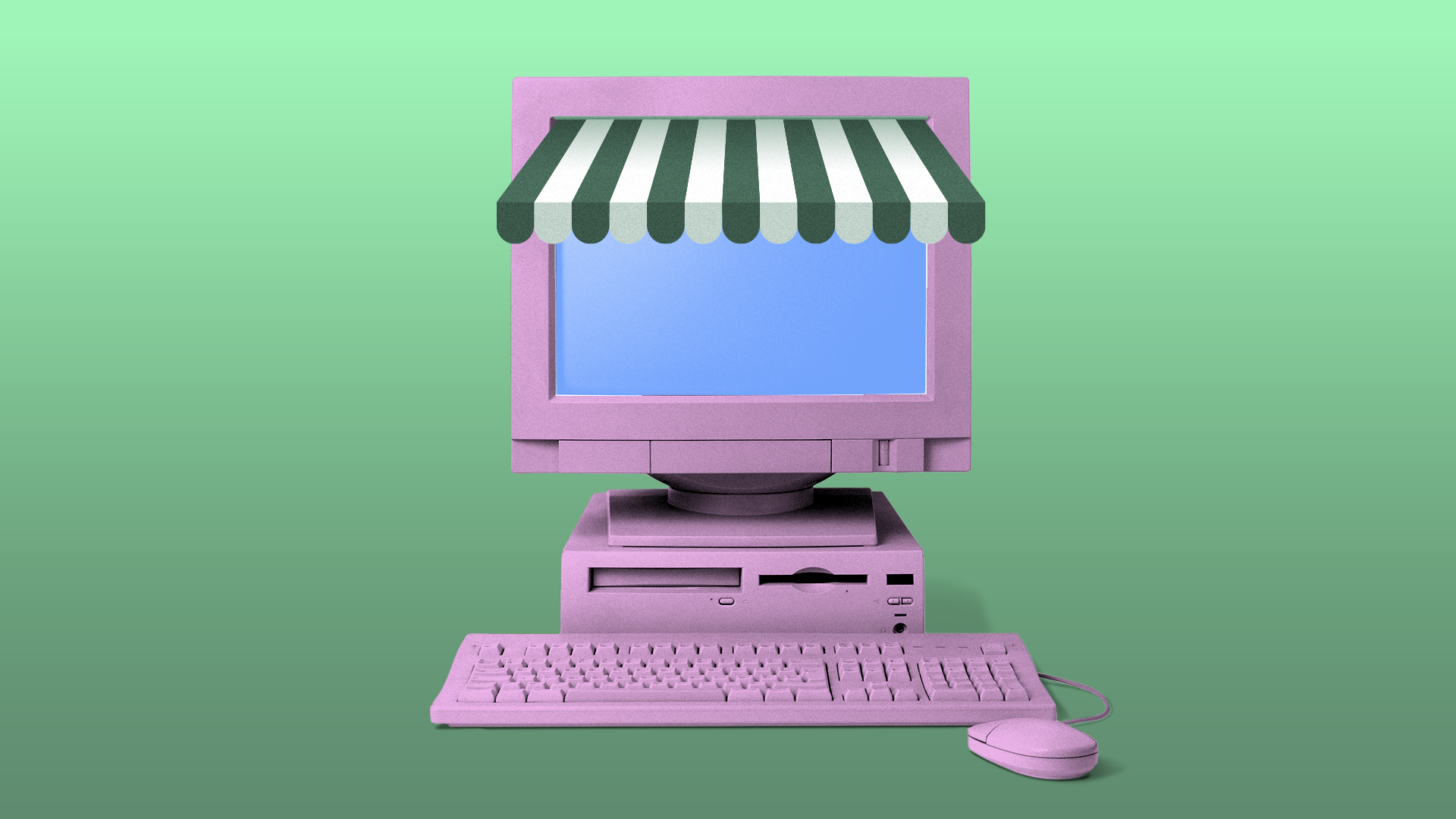 Retro pink computer setup with a CRT monitor topped by a green and white striped awning, a pink desktop, keyboard, and mouse, against a green gradient background.