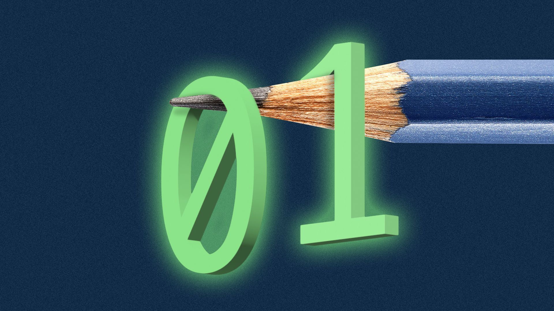 Illustration of a zero and a one balancing on the tip of a pencil