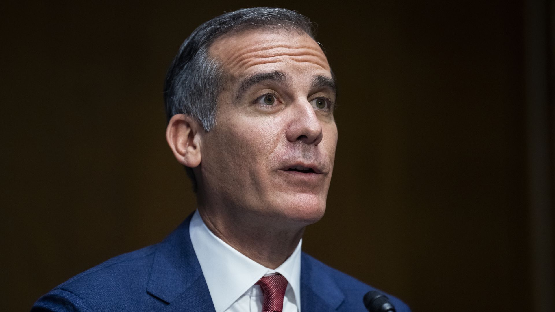 Los Angeles Mayor Eric Garcetti is seen during his confirmation hearing to be ambassador to India.