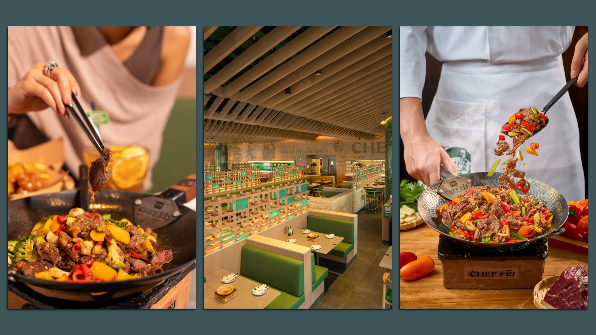 Triptych: left cook uses chopsticks over a sizzling beef and veggie dish; center bright modern restaurant with green booths and wooden slats; right chef tosses colorful beef stir-fry in a wok.