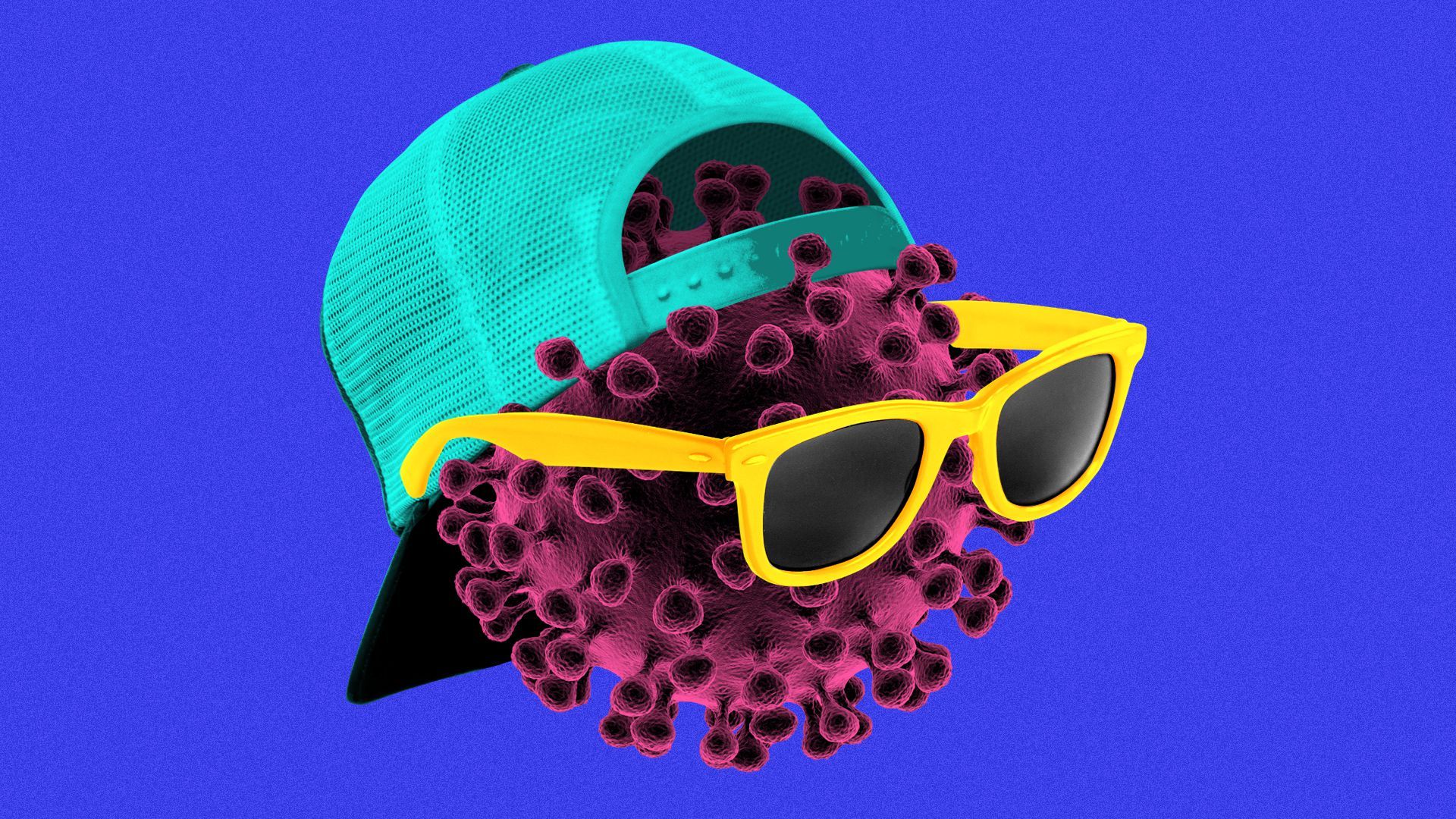 Illustration of a coronavirus particle wearing a backwards baseball hat and sunglasses.