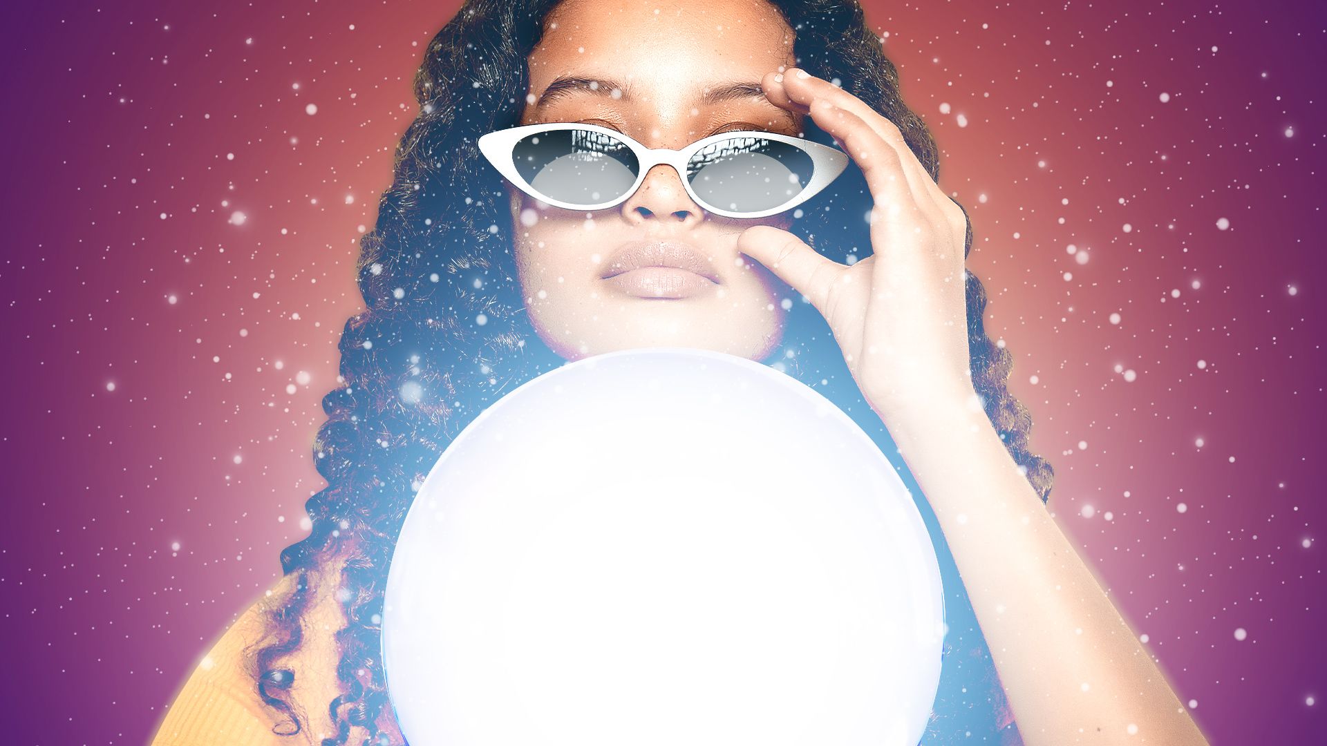 Illustration of a Gen Z person wearing sunglasses looking into a blindingly bright crystal ball.
