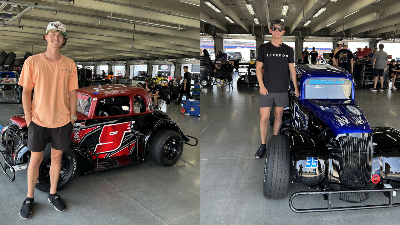 Split image: left shows a man in an orange tee and cap beside a red-and-black vintage race car with #9; right shows a man in a black FREEDOM shirt beside a blue race car with #35 in a busy pit.