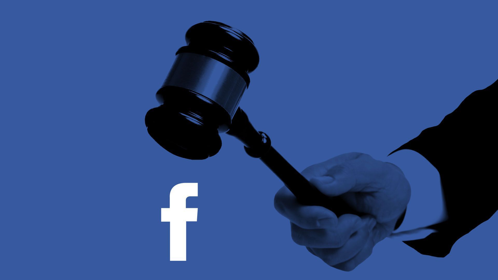 Illustration of a gavel bearing down on Facebook's "f" logo