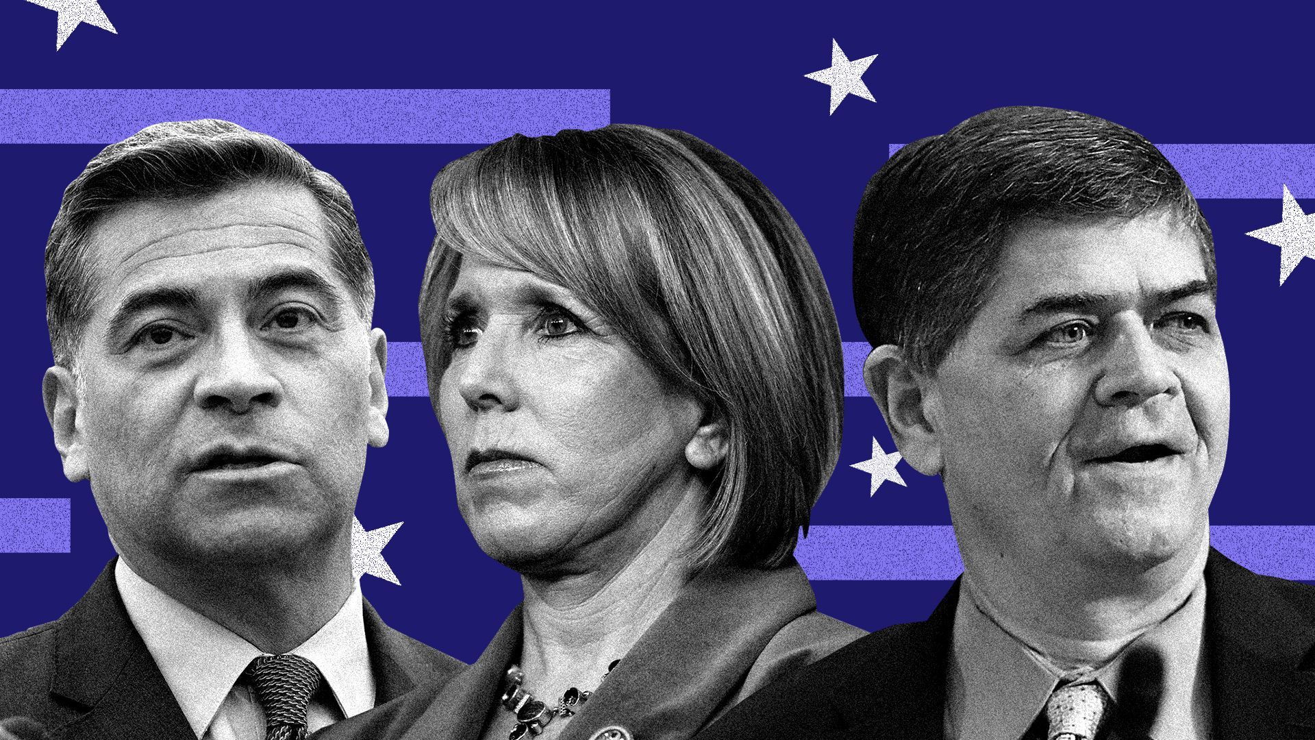 Photo illustration of Xavier Becerra, Michelle Lujan Grisham, and Filemon Vela.