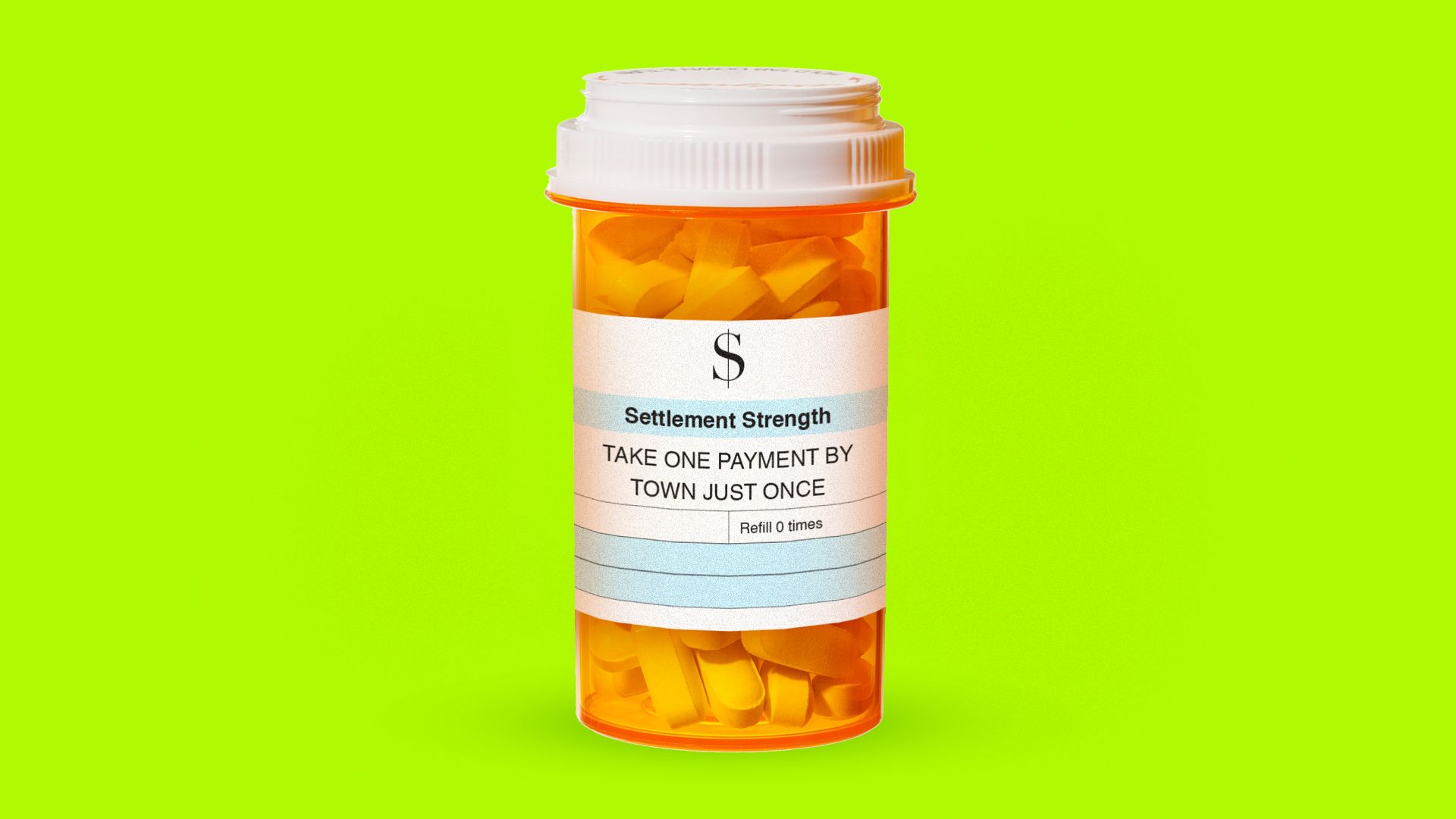 A pill bottle with a prescription for an opioids settlement.