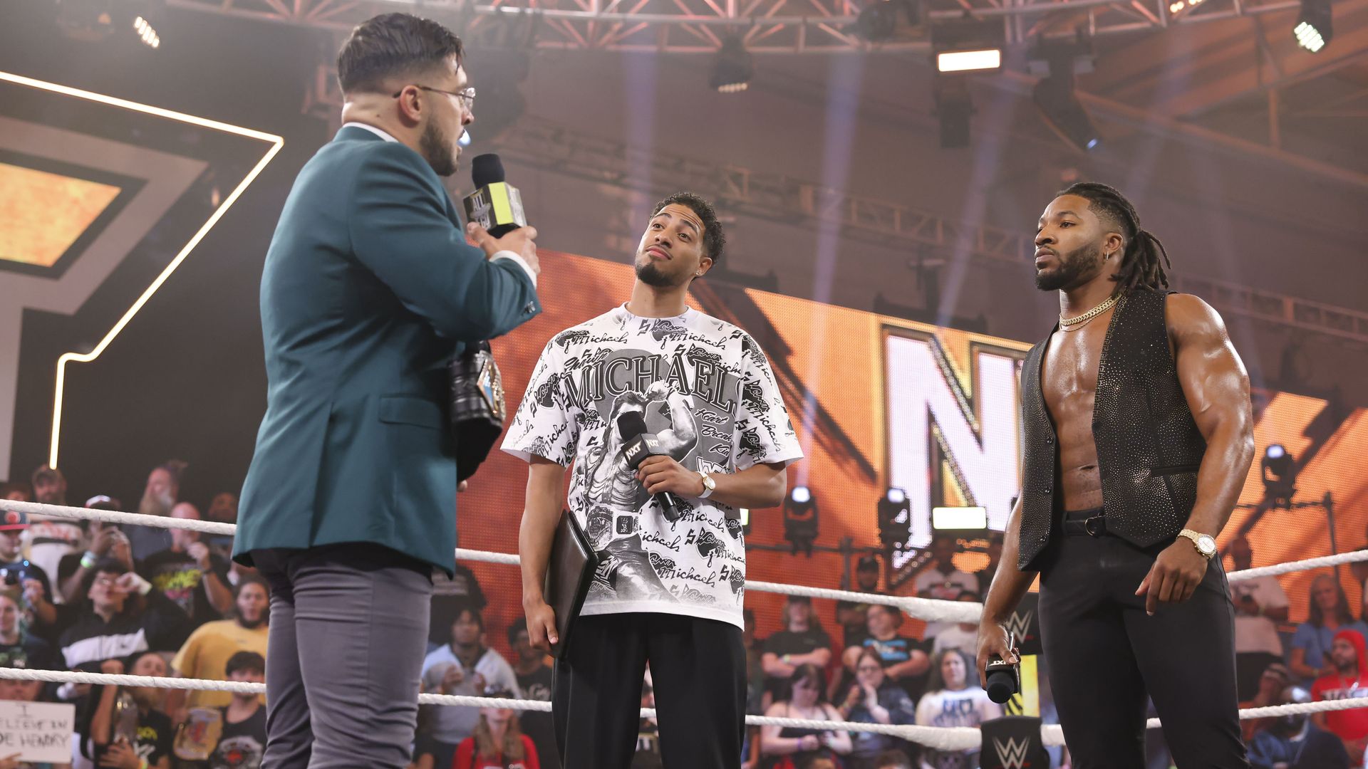 Tyrese Haliburton and Trick Williams contract singing during NXT at WWE Performance Center on September 17, 2024 in Orlando, Florida.