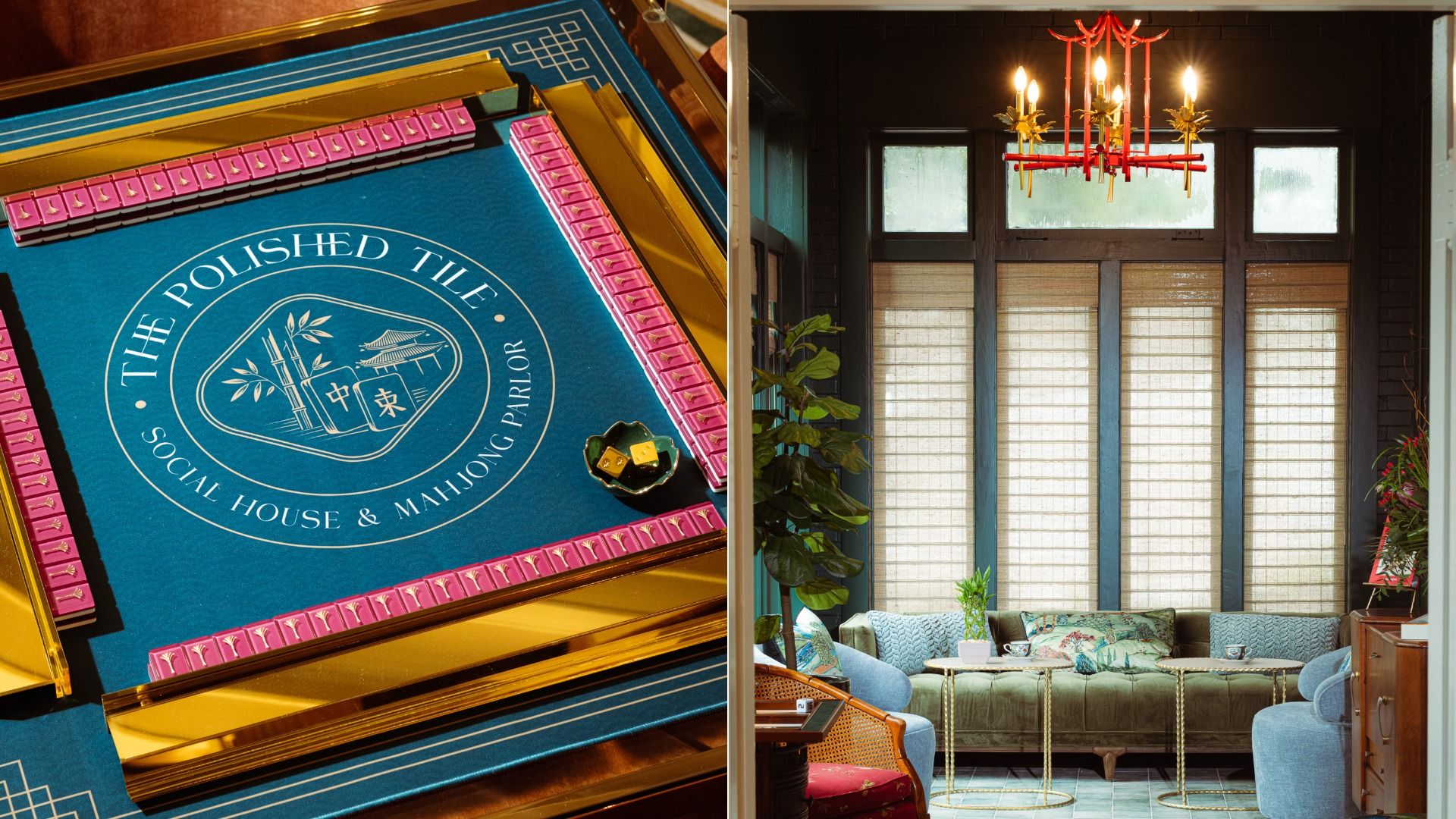 Divided image: left shows a teal mahjong table with pink tiles and gold trim; right reveals a cozy living room with a red chandelier, tall windows with blinds, and blue seating with plants.