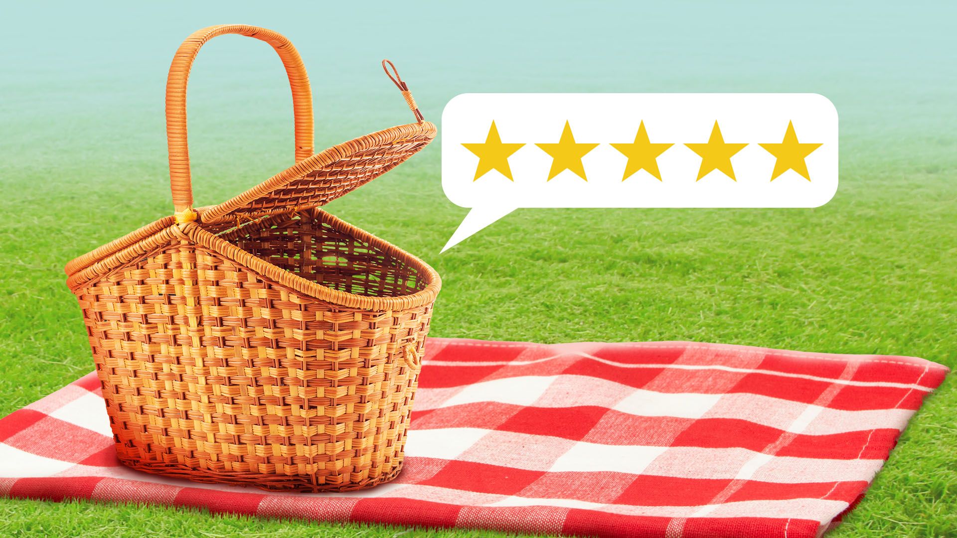 Illustration of an open picnic basket with a speech bubble featuring five gold stars