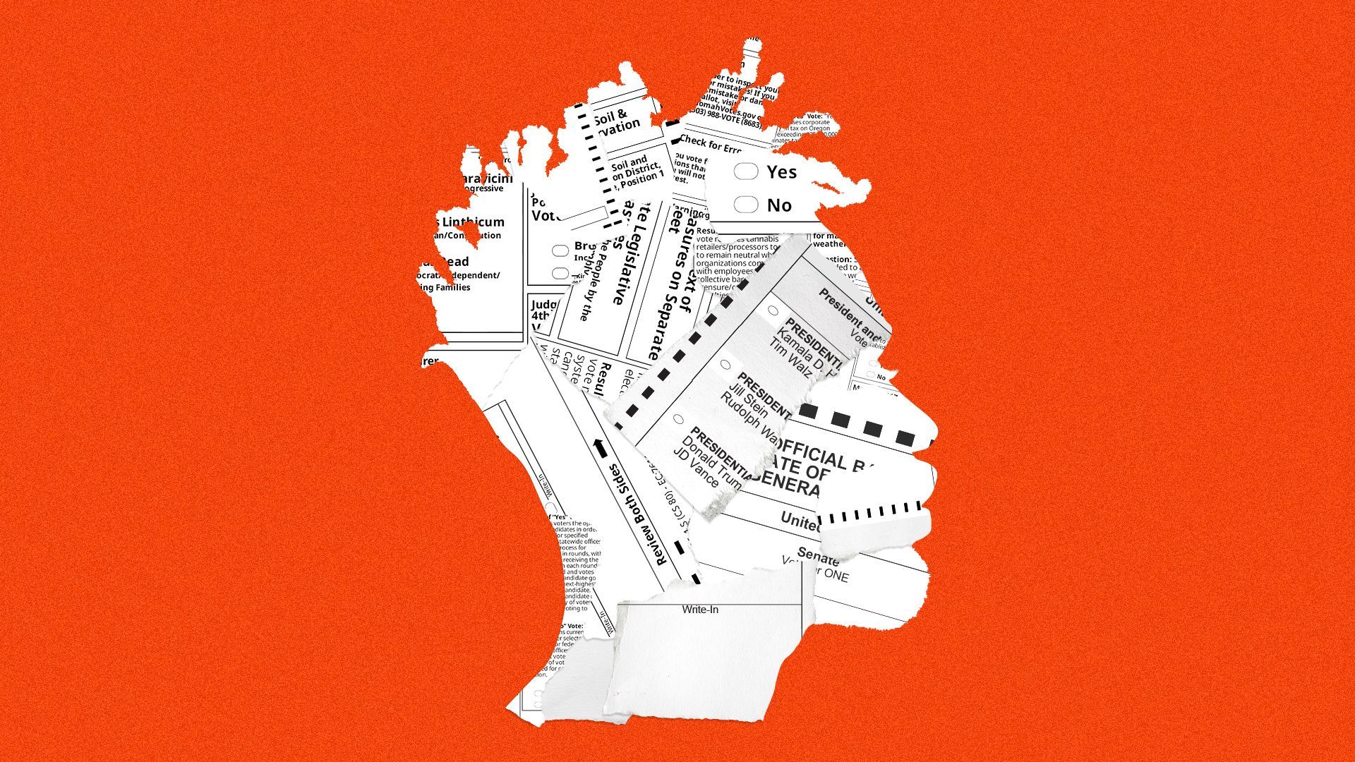 Illustration of a portrait of a Black man made up of torn pieces of ballots. 