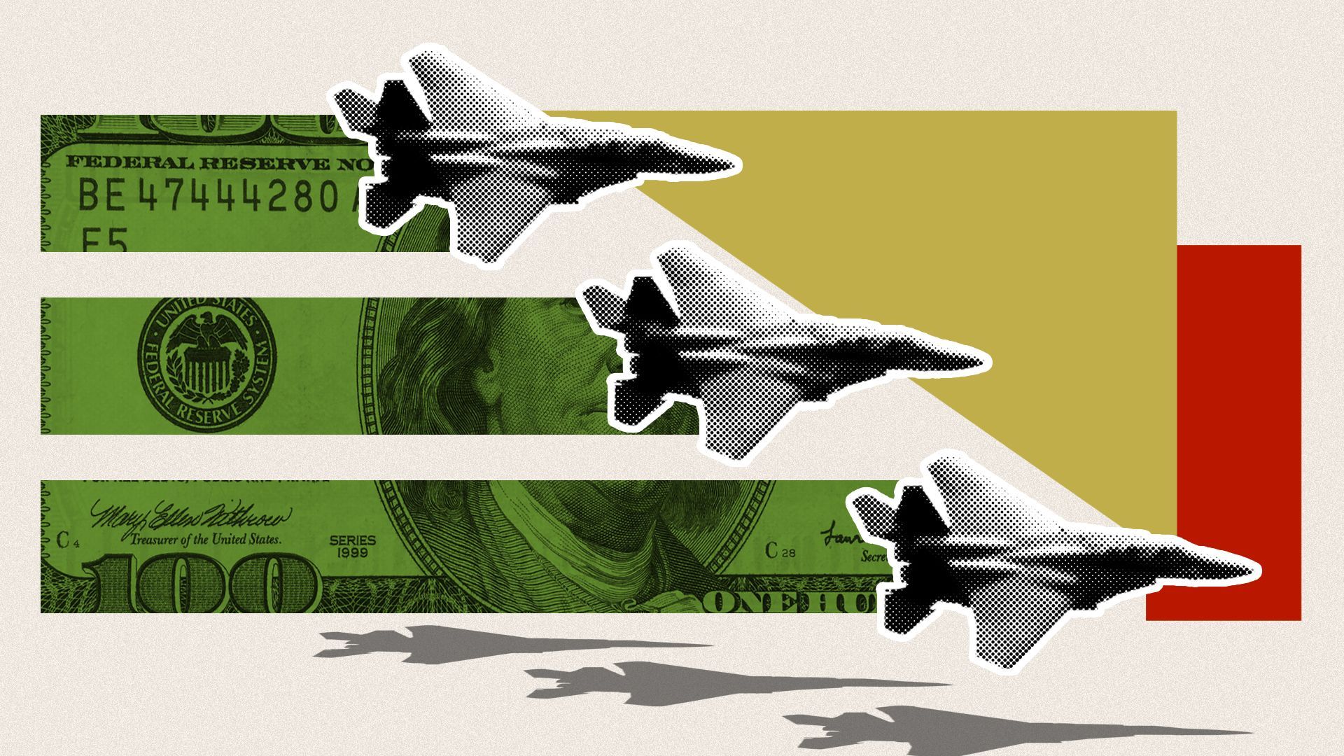 Illustration collage of a military air squadron over images of money