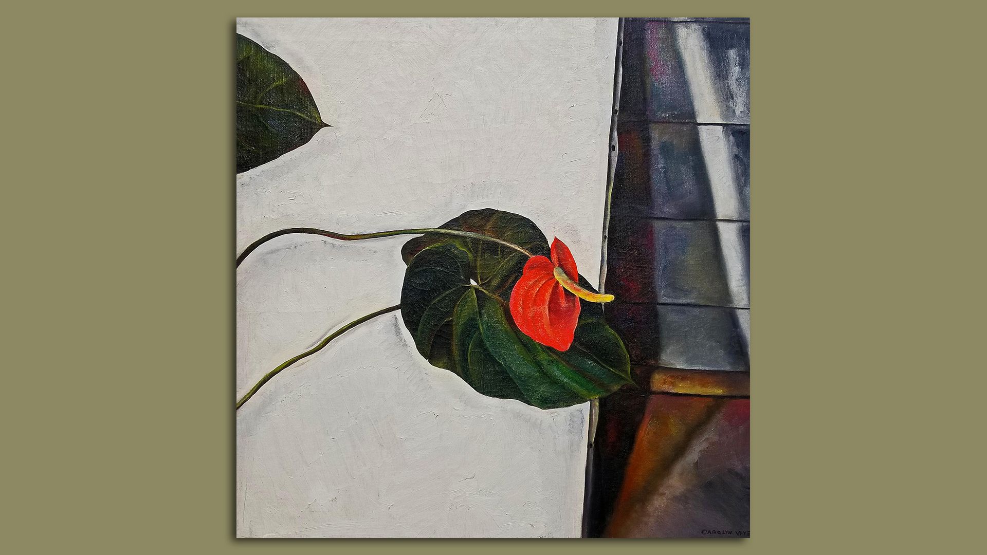 Carolyn Wyeth (1909-1994), “Anthurium Plant”, oil on canvas, 28” X 28”, signed lower right:“Carolyn Wyeth” Exhibitor: DIXON-HALL FINE AR