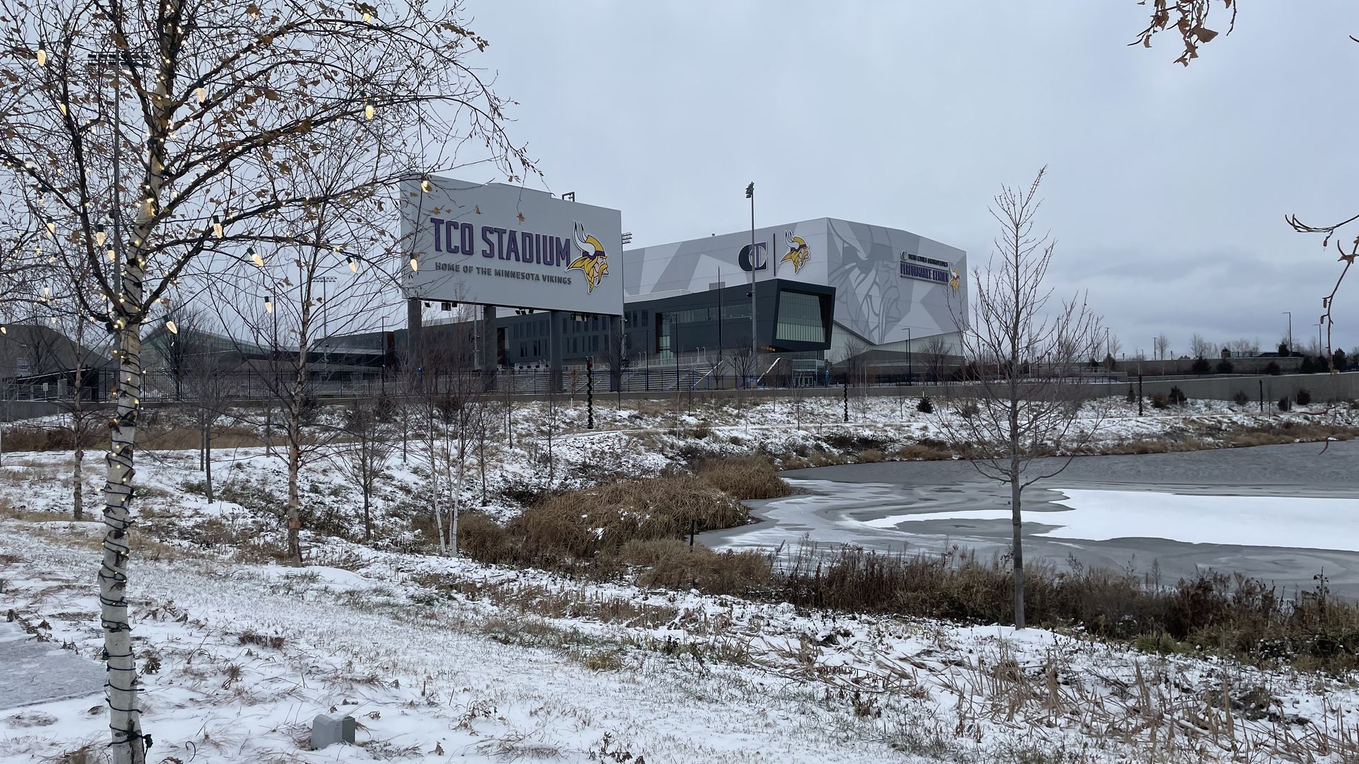 The exterior of the Viking Lakes campus in Eagan on a snowy day.