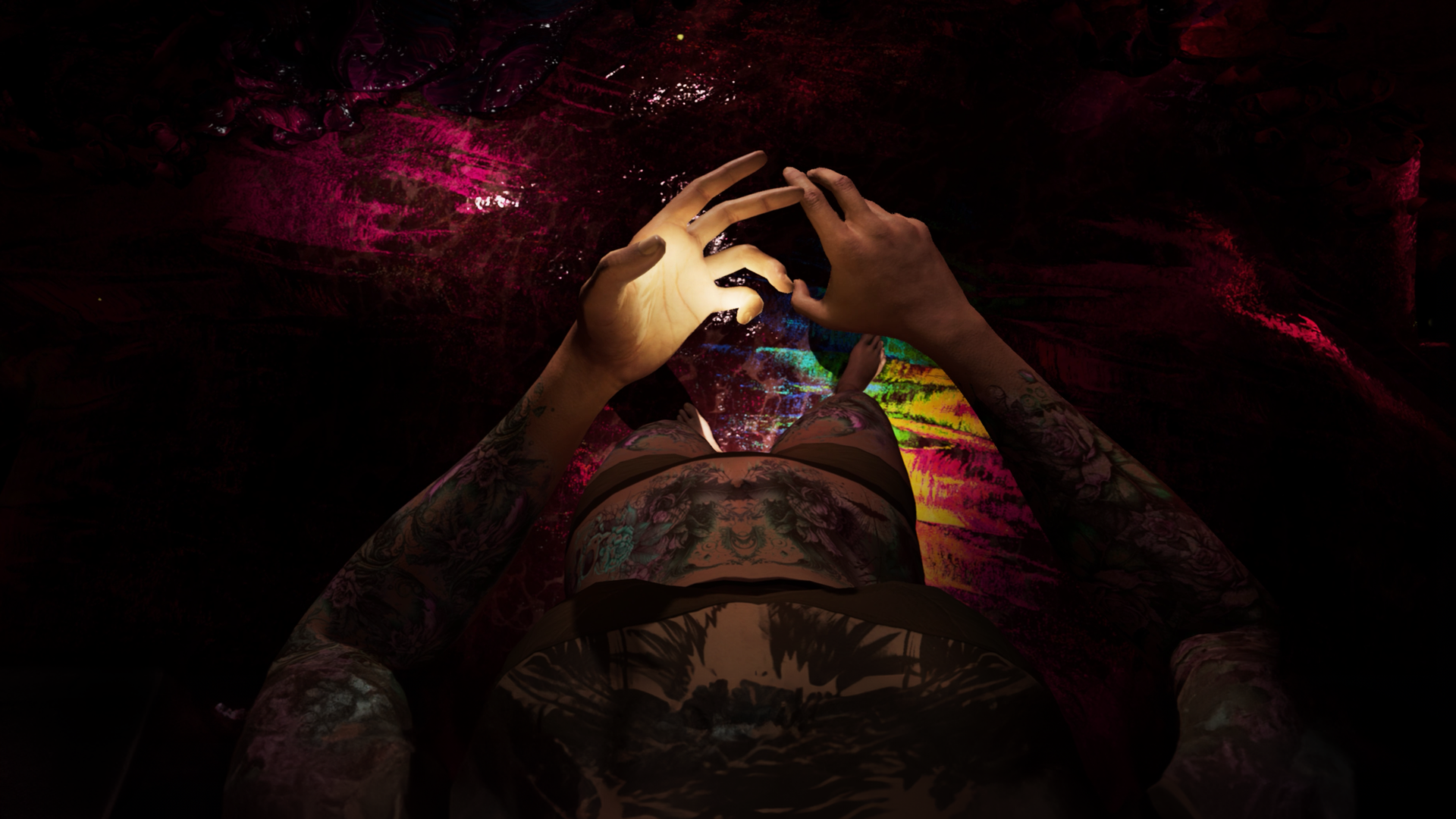 Virtual reality image of a body being viewed form the perspective of the user inhabiting it. 