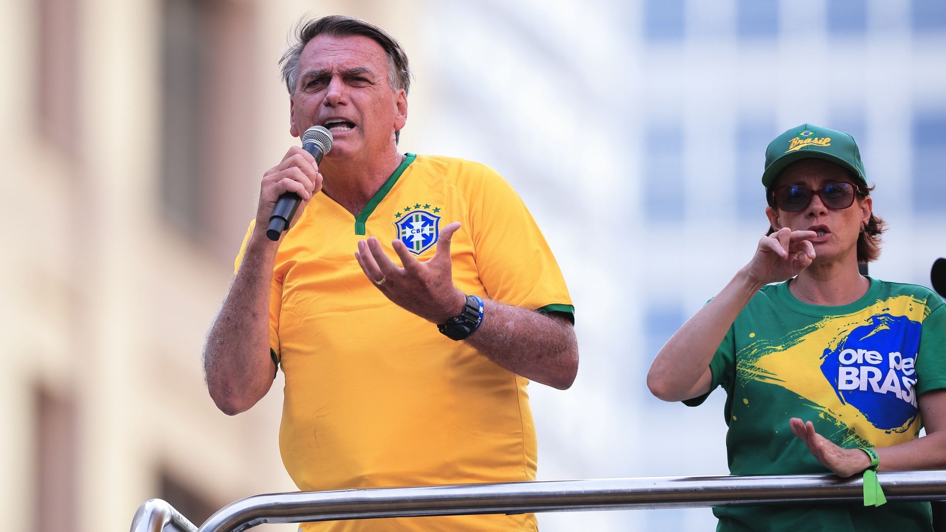 Former Brazilian president Jair Messias Bolsonaro (L) delivers a speech as he attends a demonstration with his close allies and supporters at Paulista Avenue in Sao Paulo, Brazil on February 25, 2024.